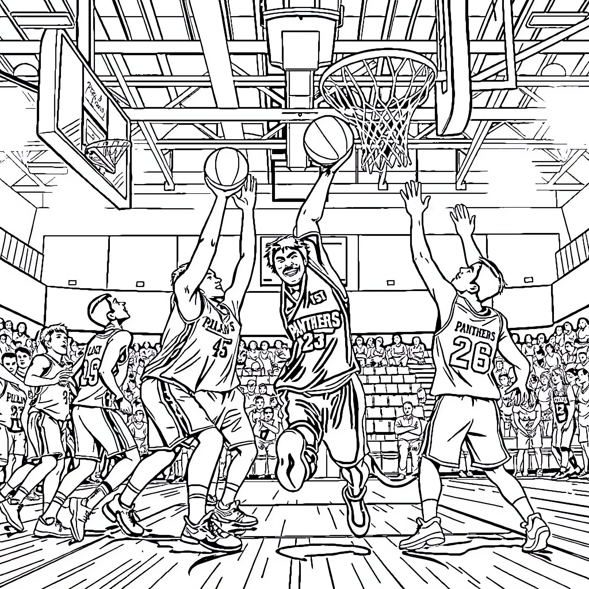 Panther Basketball Players in Intense Game Action Coloring Page (free black-and-white line drawing printable PDF for all, from beginners to advanced learners, including children, teens, adults, and seniors)