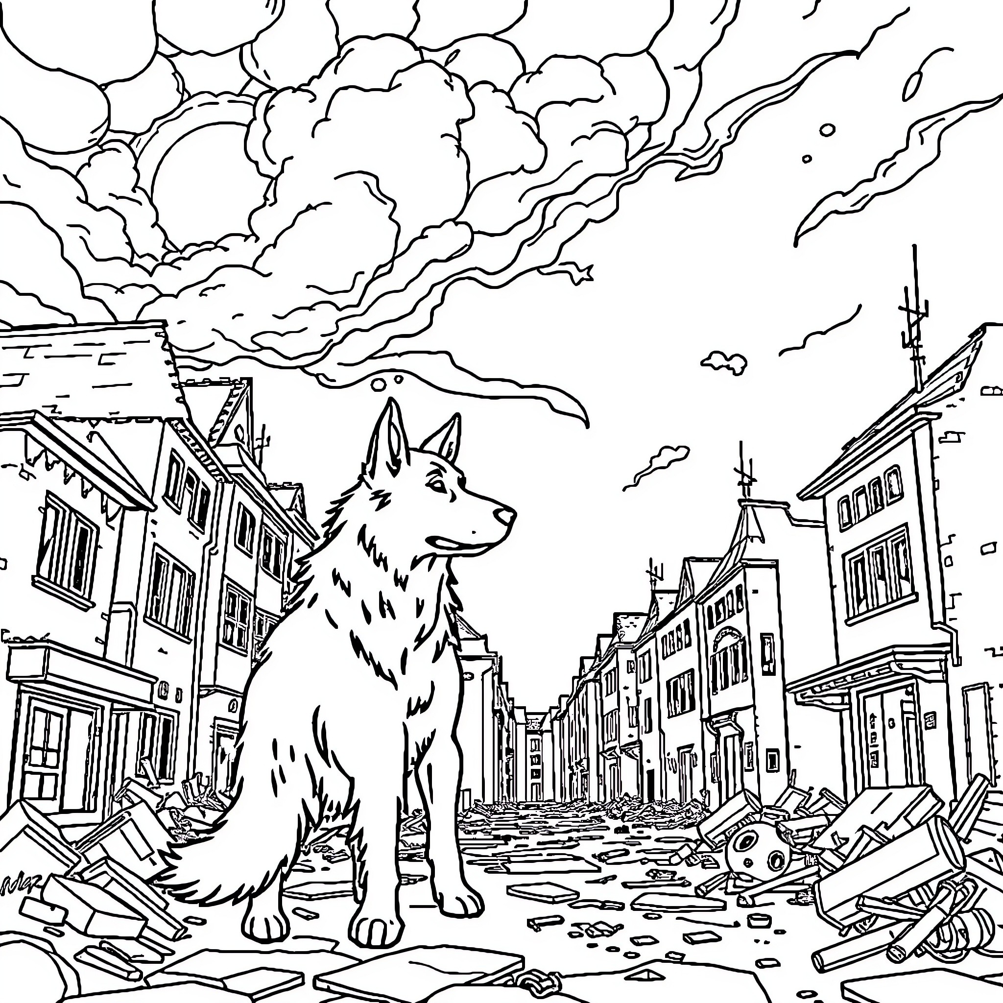 Dog guarding a ruined city after a disaster Coloring Page (free black-and-white line drawing printable PDF for all, from beginners to advanced learners, including children, teens, adults, and seniors)