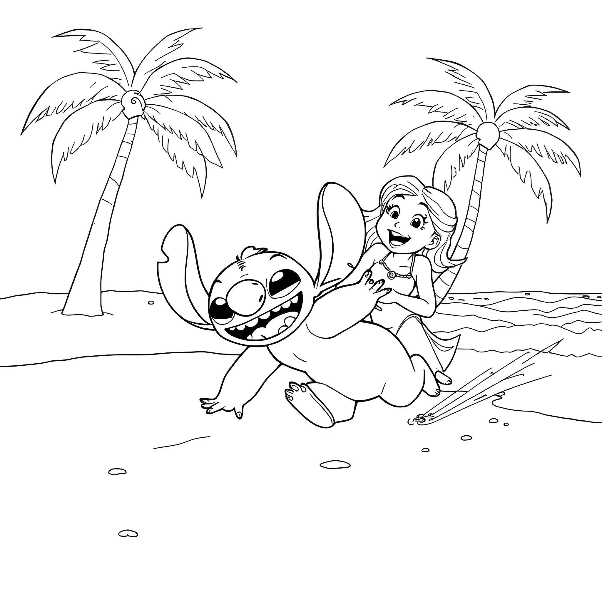 Stitch and Lilo playing on the beach Coloring Page (free black-and-white line drawing printable PDF for all, from beginners to advanced learners, including children, teens, adults, and seniors)