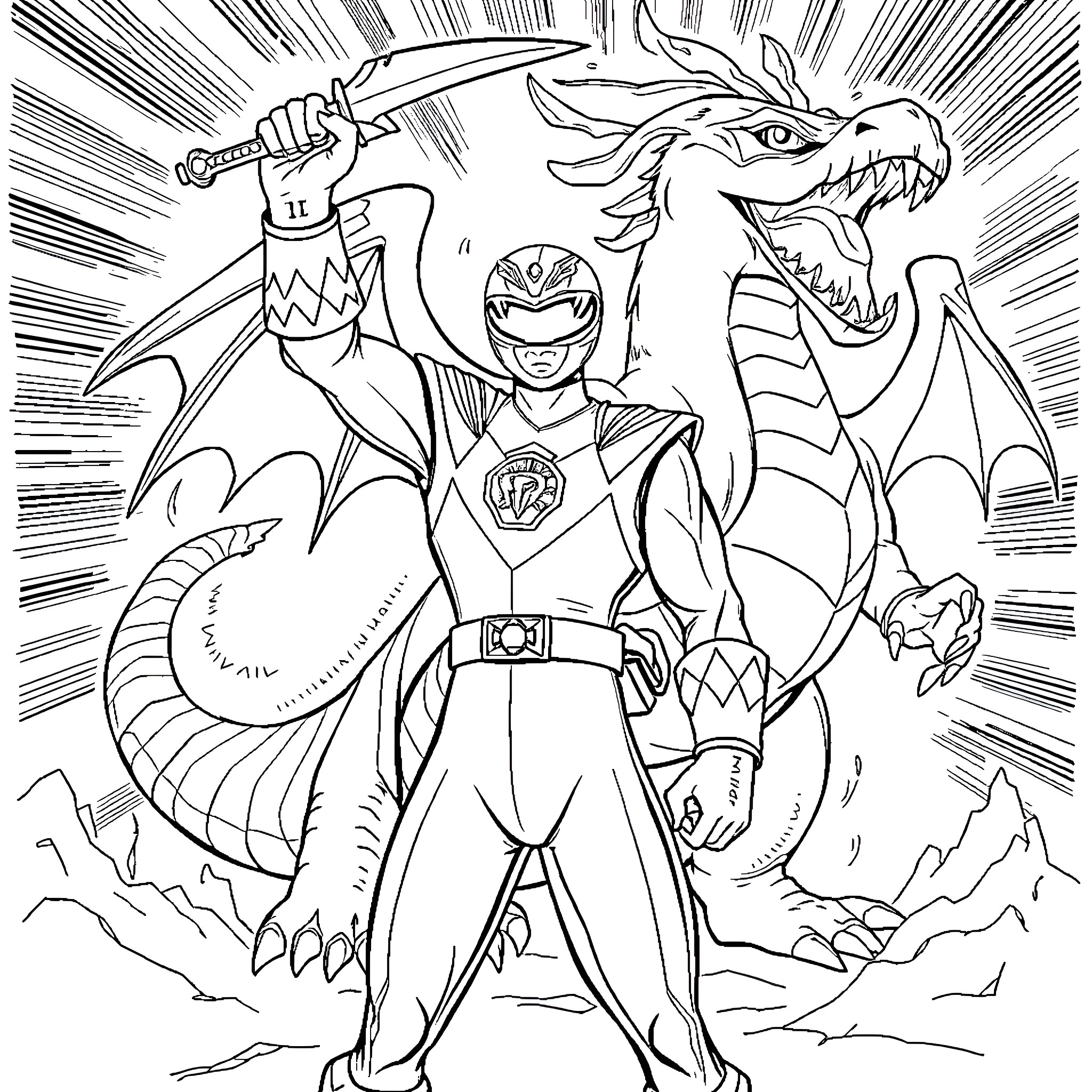 Power Ranger and Dragon Warrior Engage in Epic Battle Coloring Page (free black-and-white line drawing printable PDF for all, from beginners to advanced learners, including children, teens, adults, and seniors)