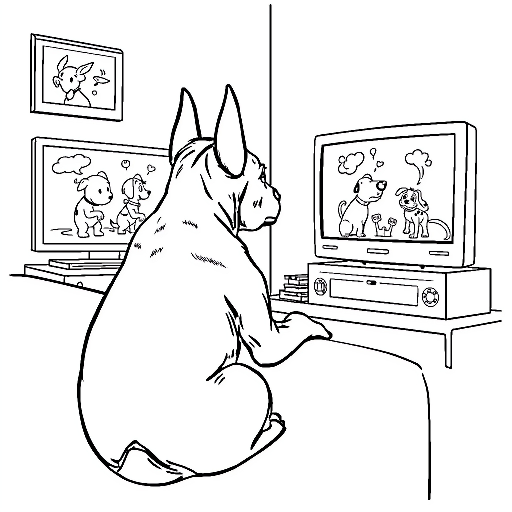 Staffy lounging comfortably in front of TV Coloring Page (free black-and-white line drawing printable PDF for all, from beginners to advanced learners, including children, teens, adults, and seniors)