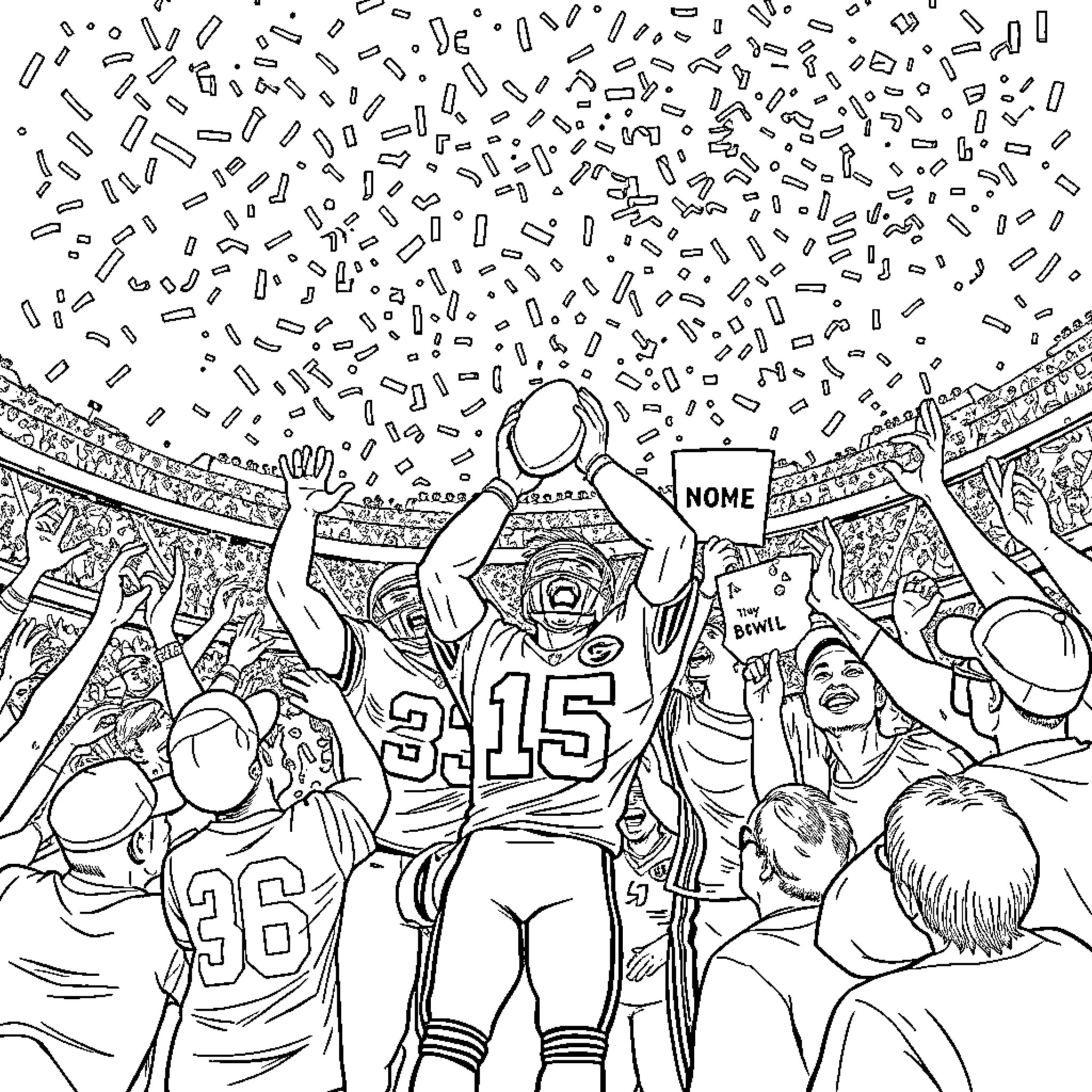 Kansas City Chiefs fans celebrate victory in stadium Coloring Page (free black-and-white line drawing printable PDF for all, from beginners to advanced learners, including children, teens, adults, and seniors)