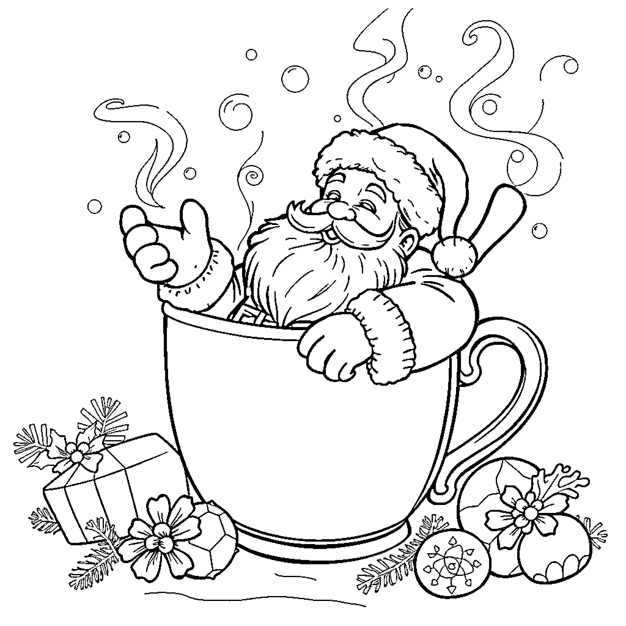 Santa enjoying hot cocoa in cozy winter scene Coloring Page (free black-and-white line drawing printable PDF for all, from beginners to advanced learners, including children, teens, adults, and seniors)