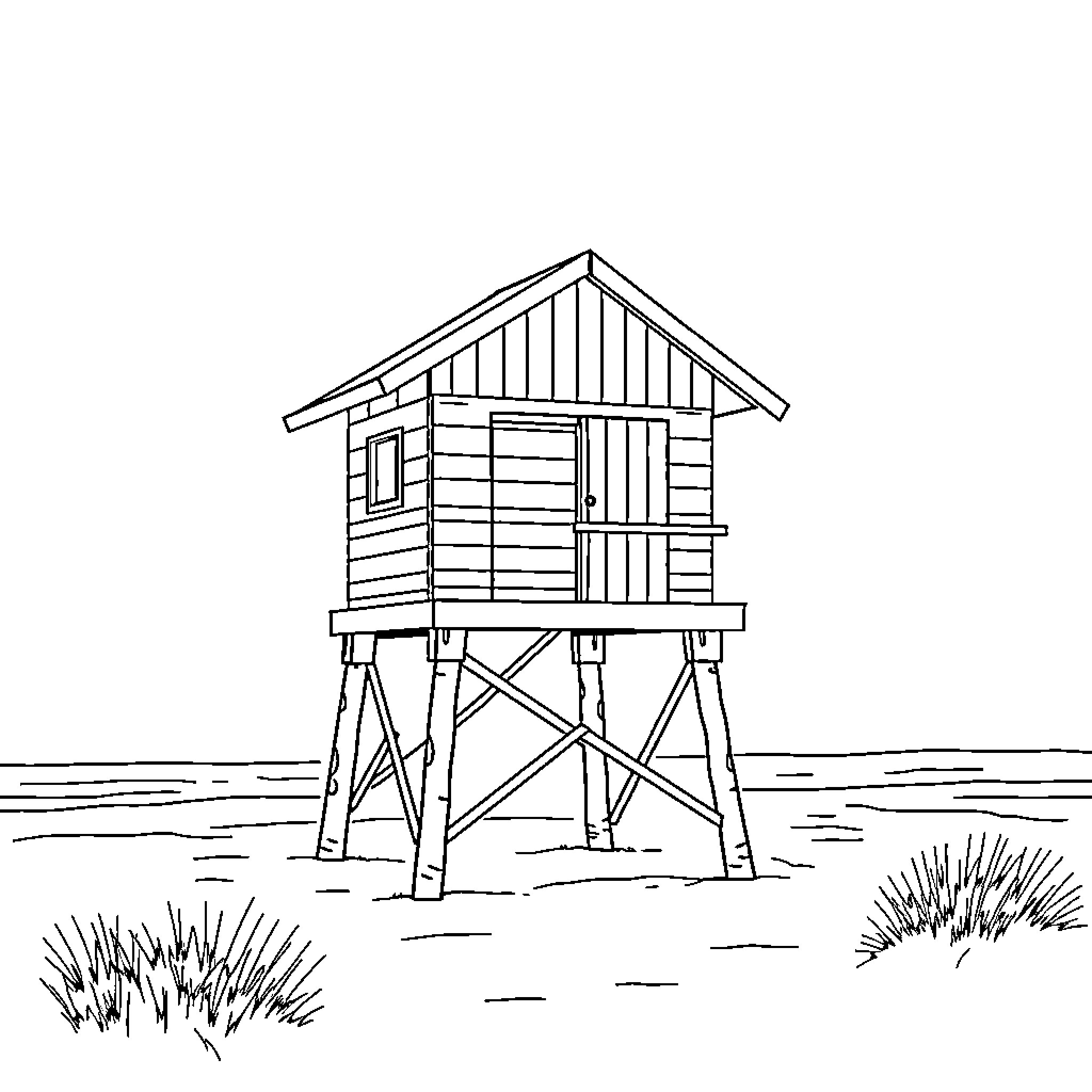 Beach Hut on Stilts in Coastal Scenery Coloring Page (free black-and-white line drawing printable PDF for all, from beginners to advanced learners, including children, teens, adults, and seniors)