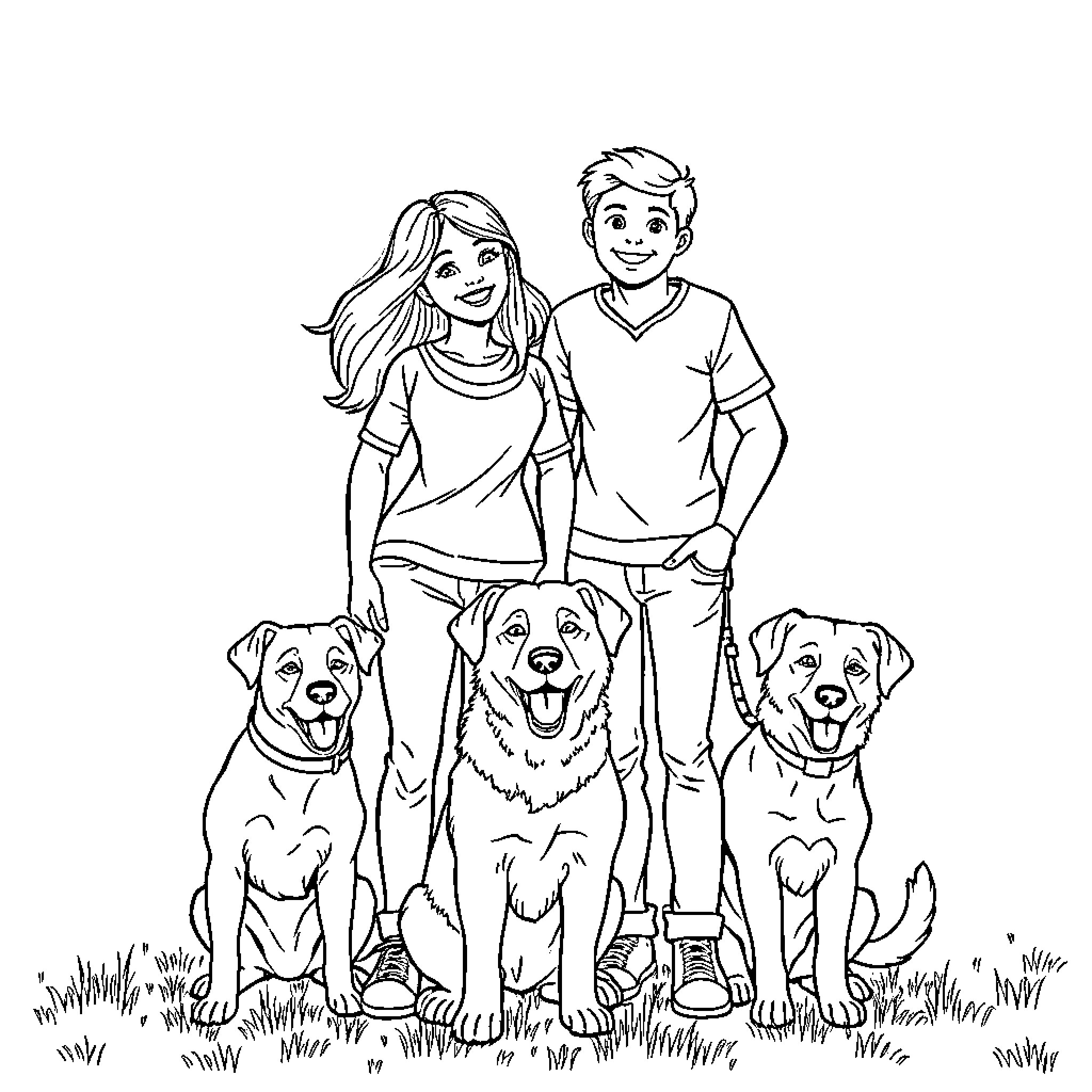 Family enjoys time with their happy dogs Coloring Page (free black-and-white line drawing printable PDF for all, from beginners to advanced learners, including children, teens, adults, and seniors)