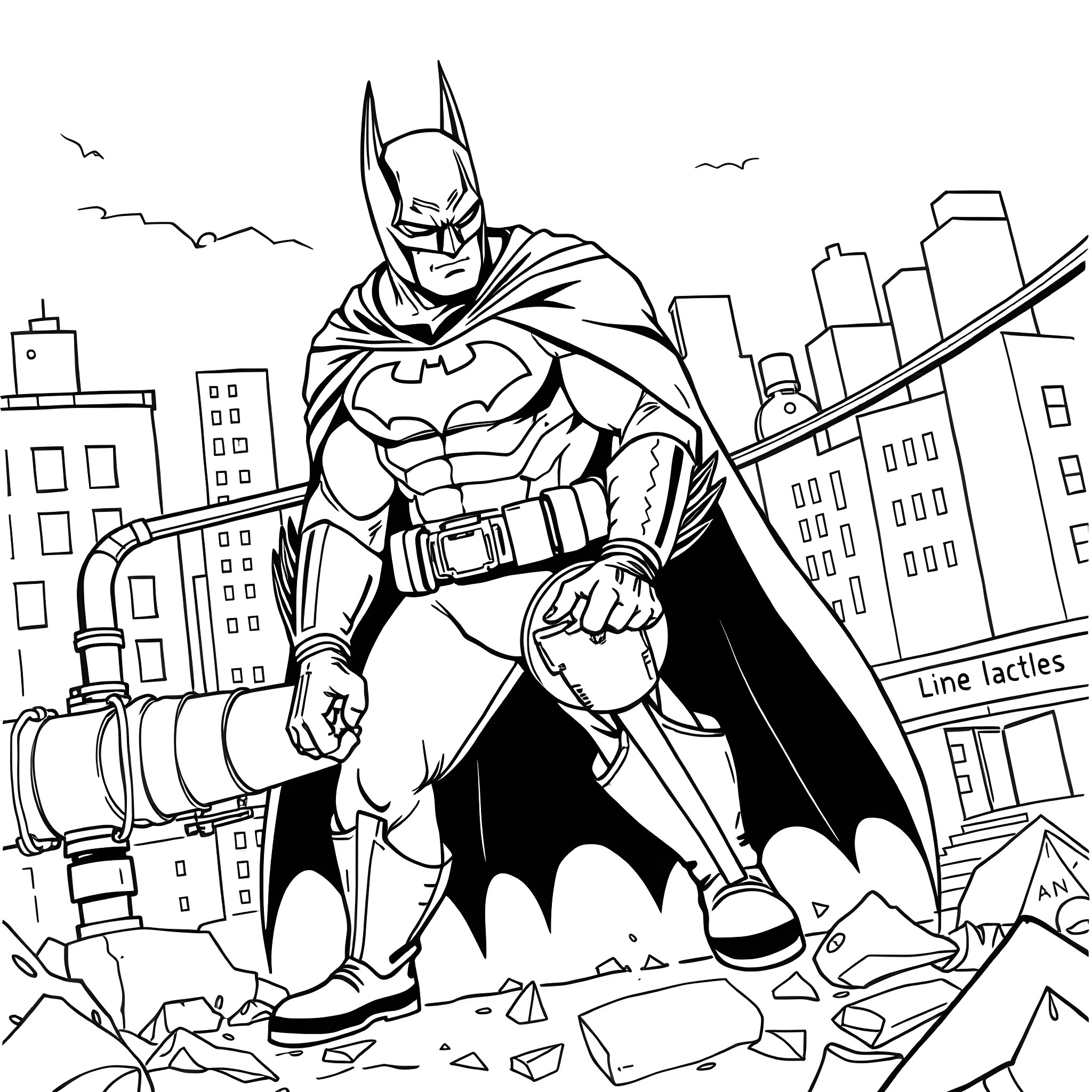Batman tackling villains in the city Coloring Page (free black-and-white line drawing printable PDF for all, from beginners to advanced learners, including children, teens, adults, and seniors)
