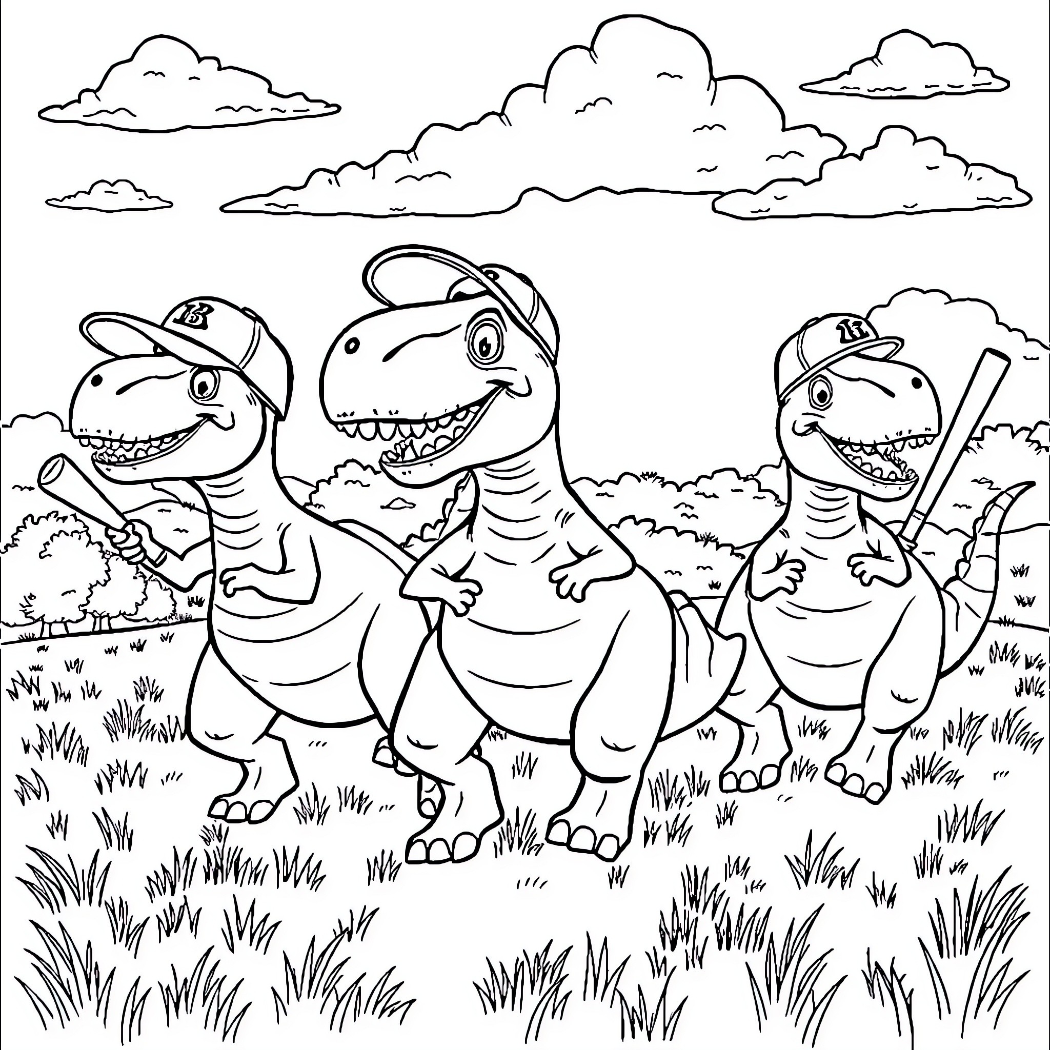 Dinosaur friends playing in nature Coloring Page (free black-and-white line drawing printable PDF for all, from beginners to advanced learners, including children, teens, adults, and seniors)