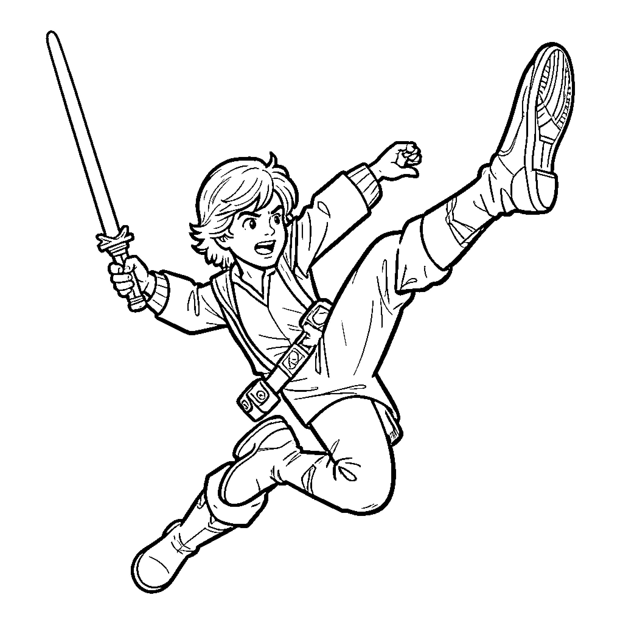 Luke Skywalker jumping mid-air wielding a lightsaber Coloring Page (free black-and-white line drawing printable PDF for all, from beginners to advanced learners, including children, teens, adults, and seniors)
