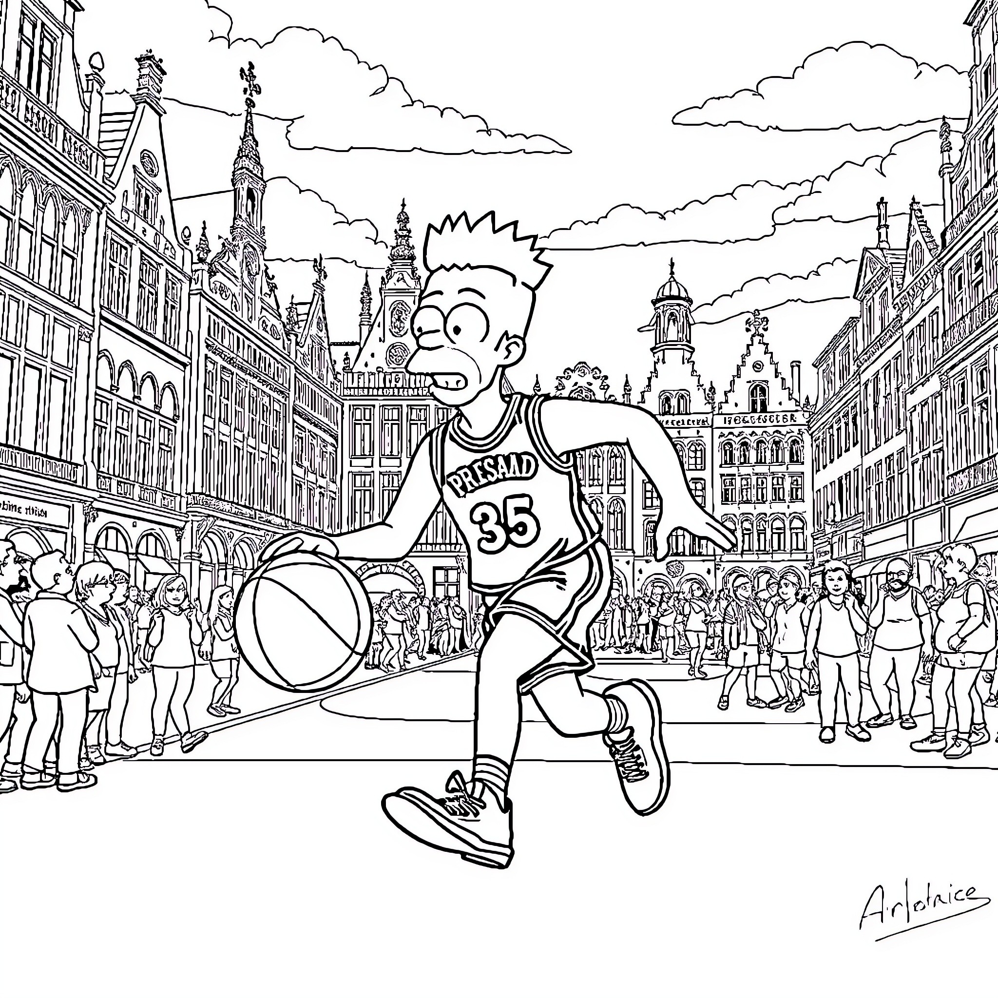 Homer Simpson participating in a basketball game in a busy city Coloring Page (free black-and-white line drawing printable PDF for all, from beginners to advanced learners, including children, teens, adults, and seniors)