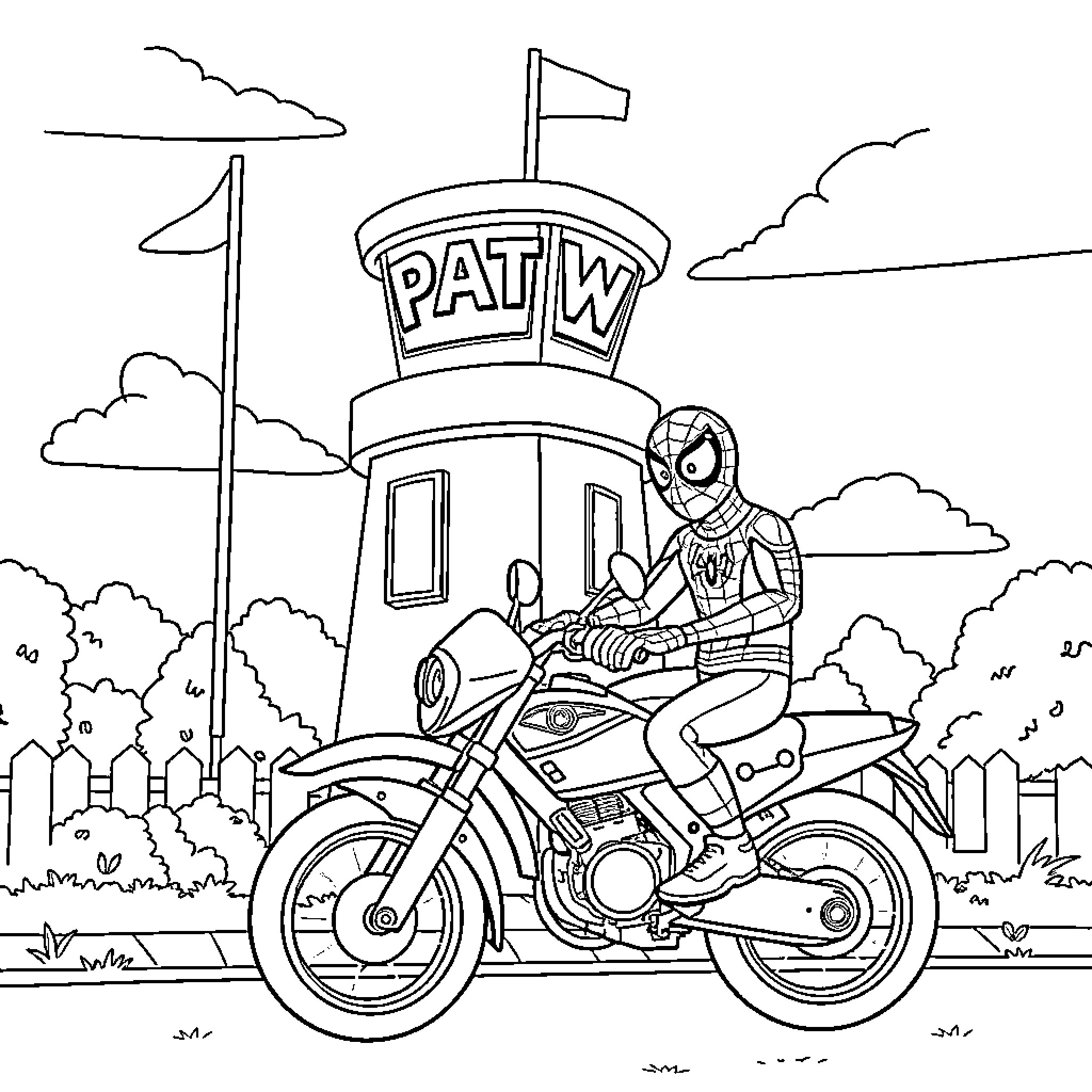 Spiderman riding a motorcycle near a PATW building Coloring Page (free black-and-white line drawing printable PDF for all, from beginners to advanced learners, including children, teens, adults, and seniors)