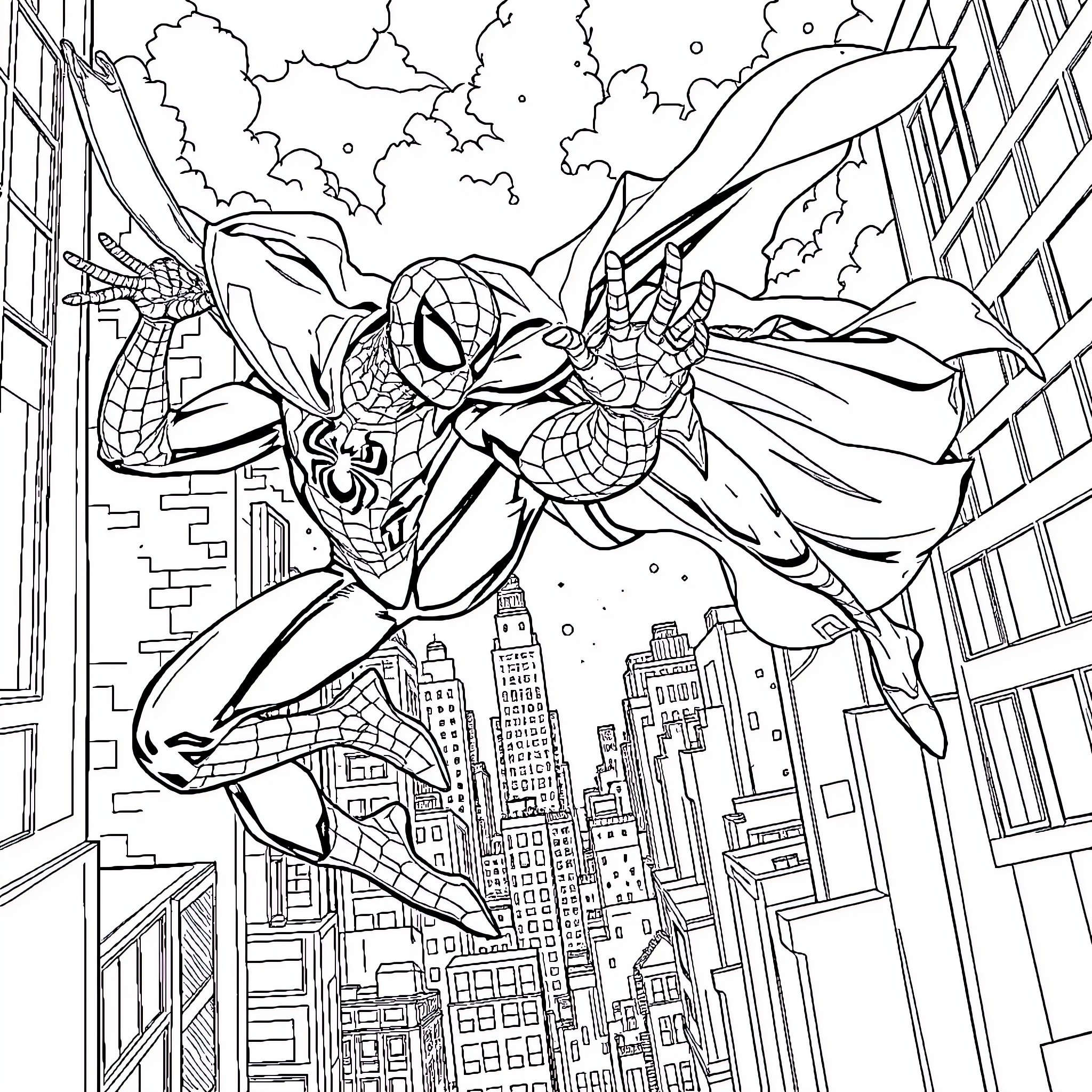 Spider-Man Soaring Through the City Skyline Coloring Page (free black-and-white line drawing printable PDF for all, from beginners to advanced learners, including children, teens, adults, and seniors)