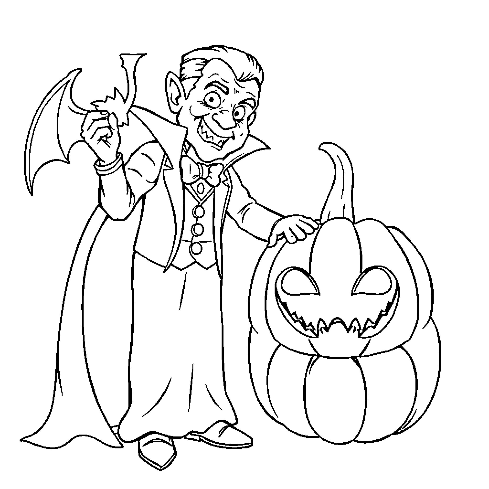 Vampire enjoying a spooky Halloween scene Coloring Page (free black-and-white line drawing printable PDF for all, from beginners to advanced learners, including children, teens, adults, and seniors)