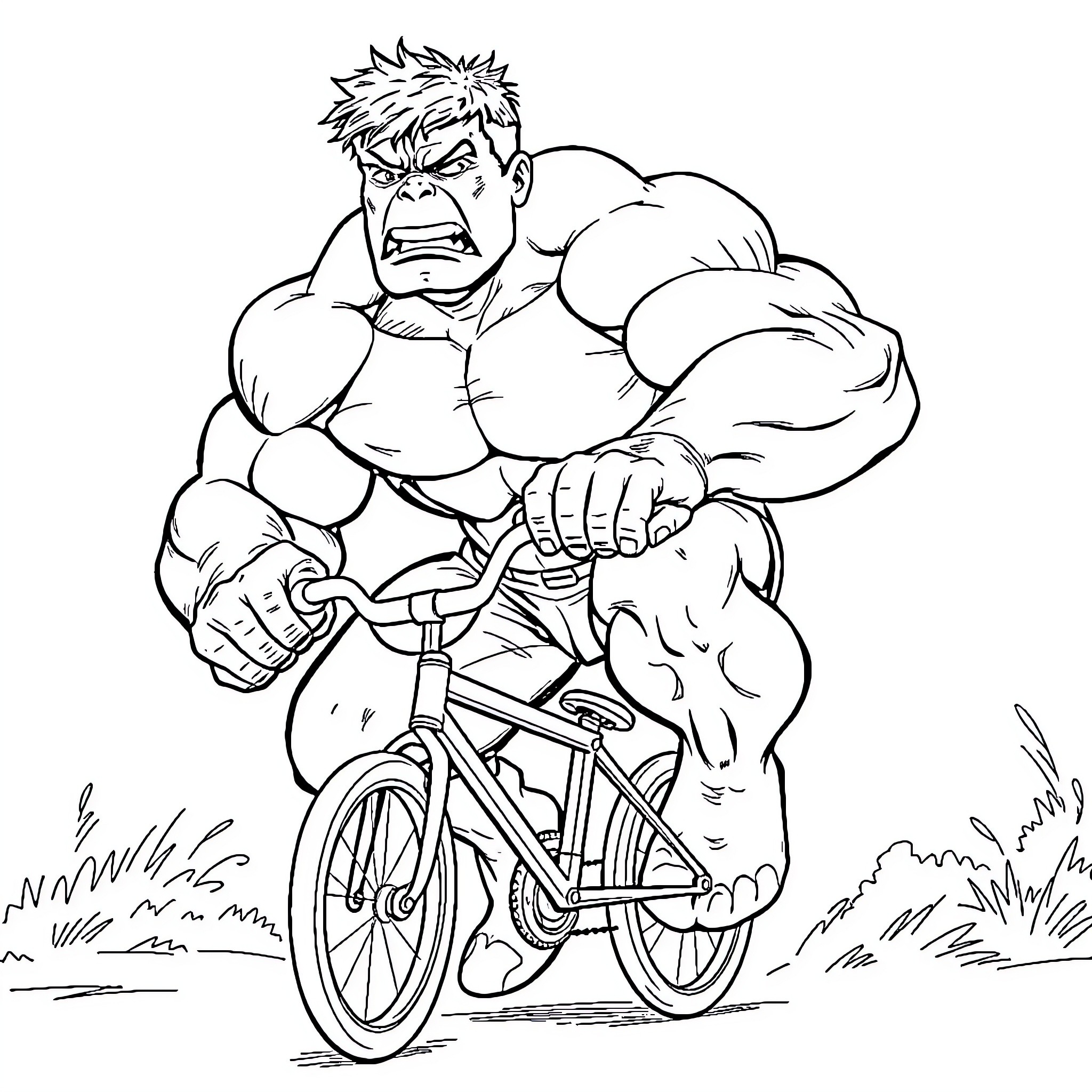 Hulk exercising on a bicycle in the outdoors Coloring Page (free black-and-white line drawing printable PDF for all, from beginners to advanced learners, including children, teens, adults, and seniors)