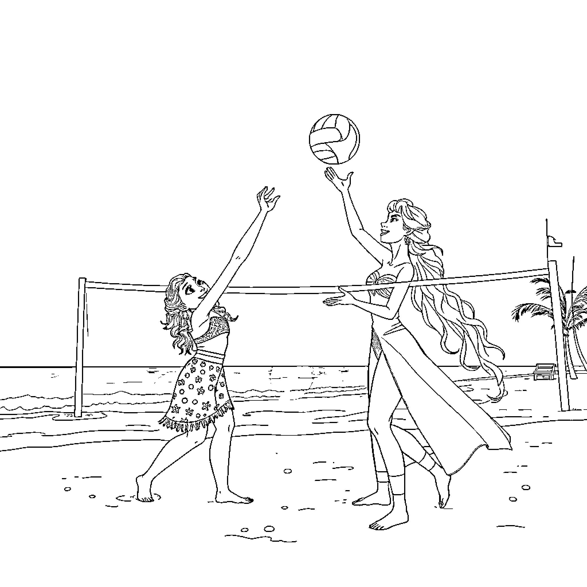 Moana playing volleyball with friends on the beach Coloring Page (free black-and-white line drawing printable PDF for all, from beginners to advanced learners, including children, teens, adults, and seniors)