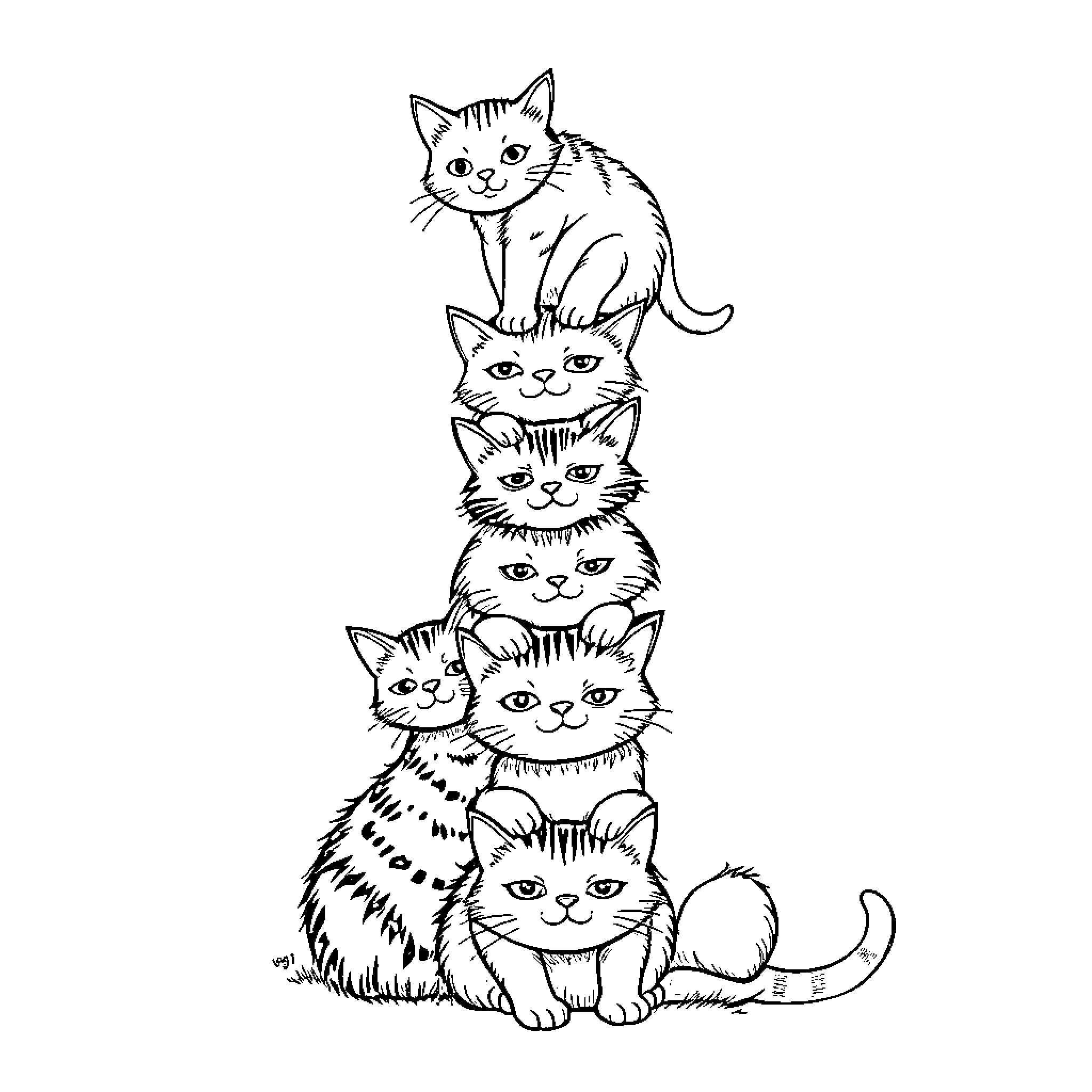 Cat Family Portrait Coloring Page (free black-and-white line drawing printable PDF for all, from beginners to advanced learners, including children, teens, adults, and seniors)