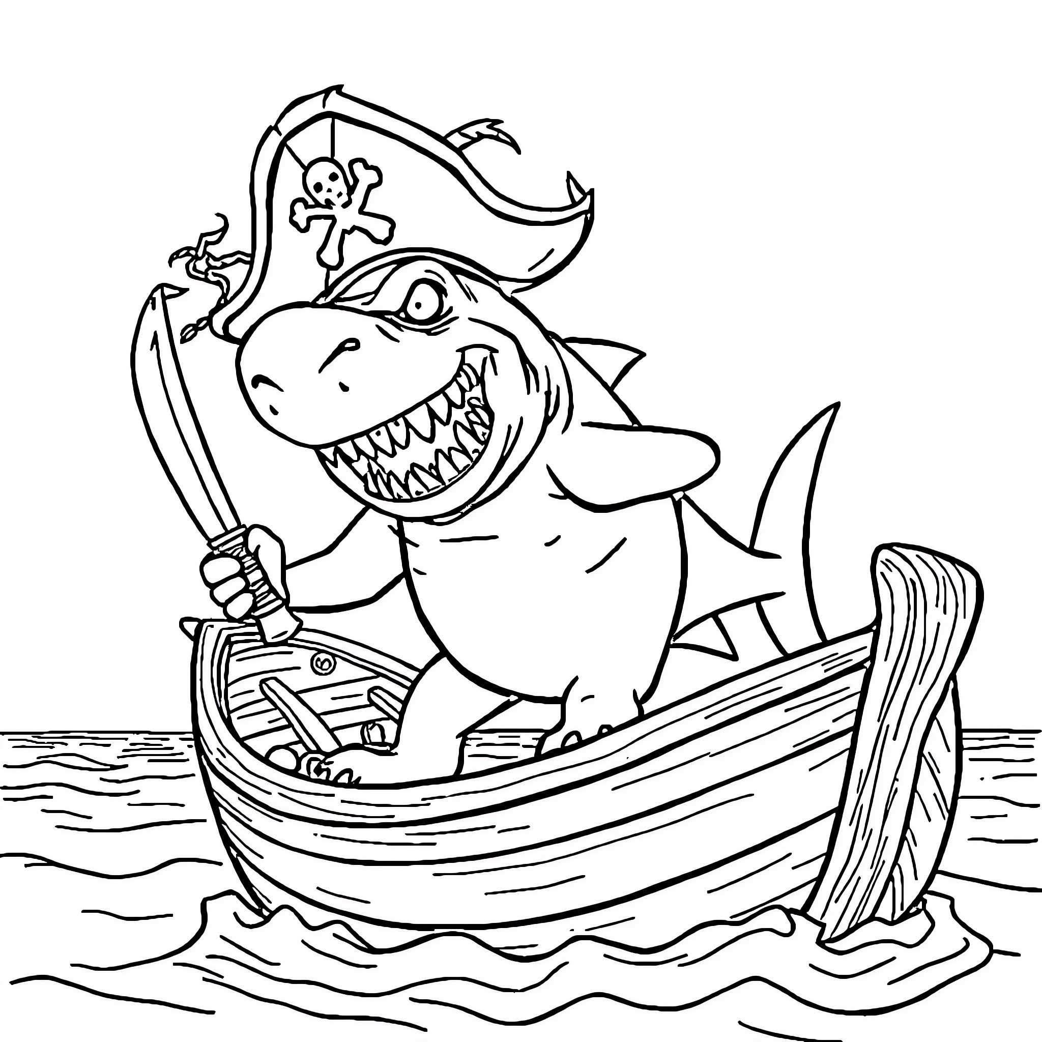 Shark pirate on a boat with skull and crossbones Coloring Page (free black-and-white line drawing printable PDF for all, from beginners to advanced learners, including children, teens, adults, and seniors)
