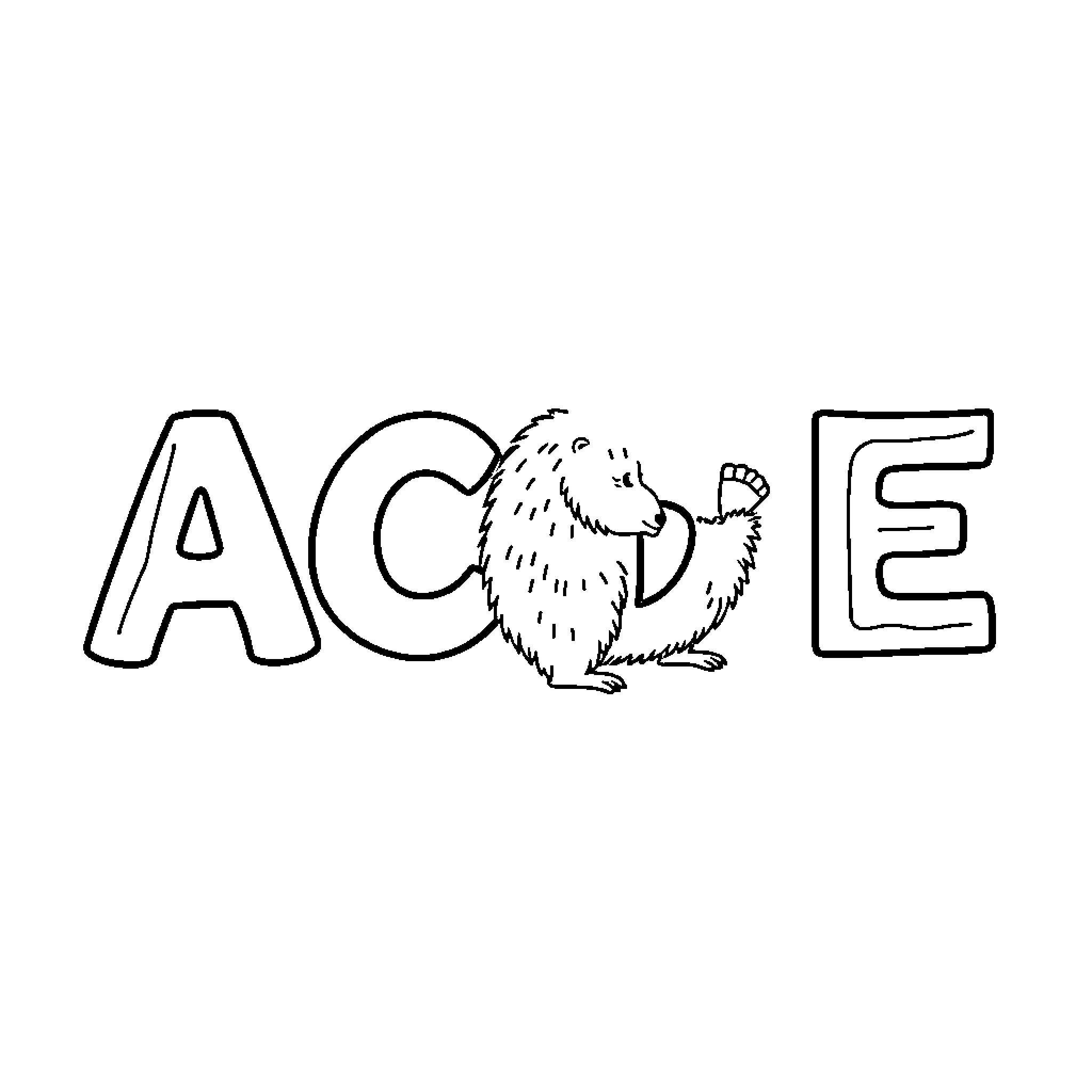 Capybara playing inside the word 'Acoe' Coloring Page (free black-and-white line drawing printable PDF for all, from beginners to advanced learners, including children, teens, adults, and seniors)