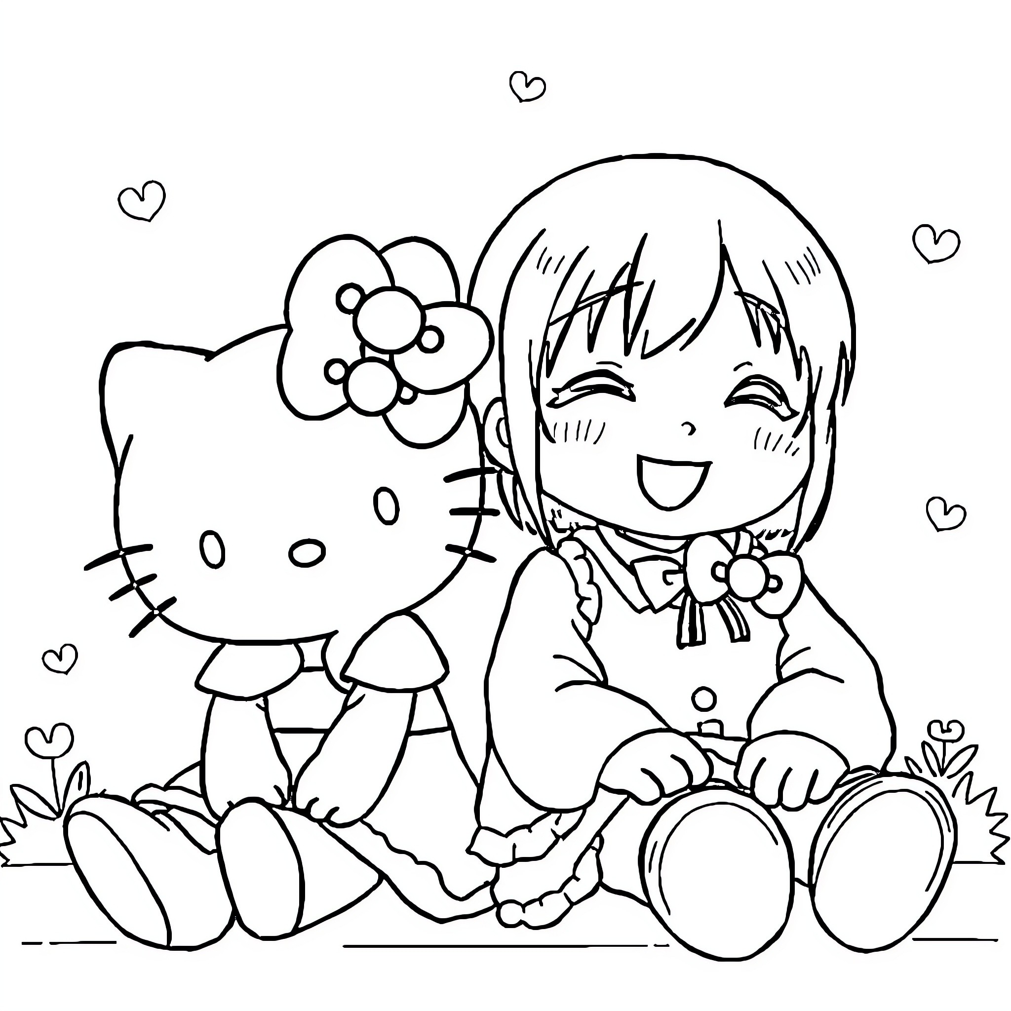 Kuromi and Hello Kitty playing together happily Coloring Page (free black-and-white line drawing printable PDF for all, from beginners to advanced learners, including children, teens, adults, and seniors)