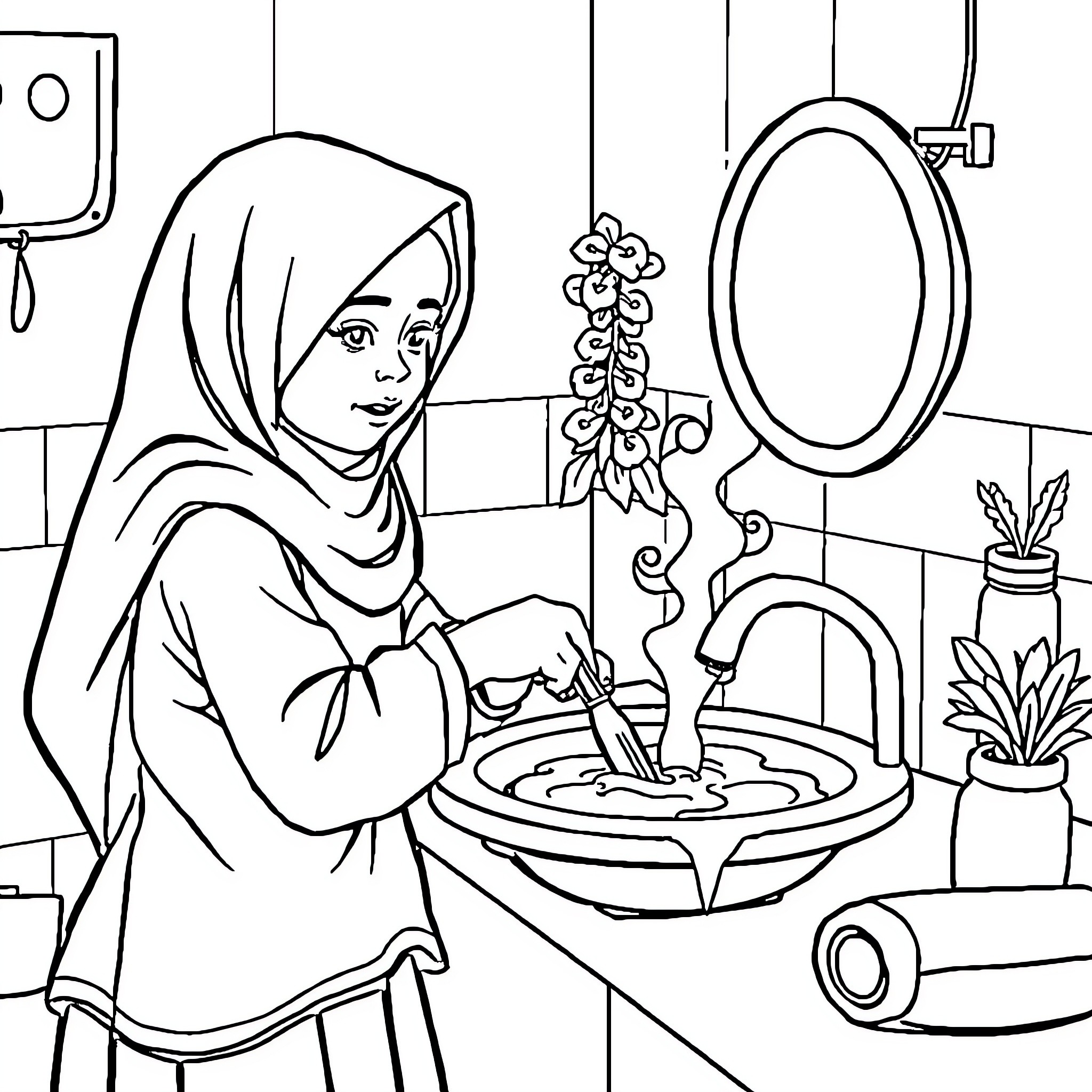 Anak Perempuan Washing Hands in a Bathroom Coloring Page (free black-and-white line drawing printable PDF for all, from beginners to advanced learners, including children, teens, adults, and seniors)
