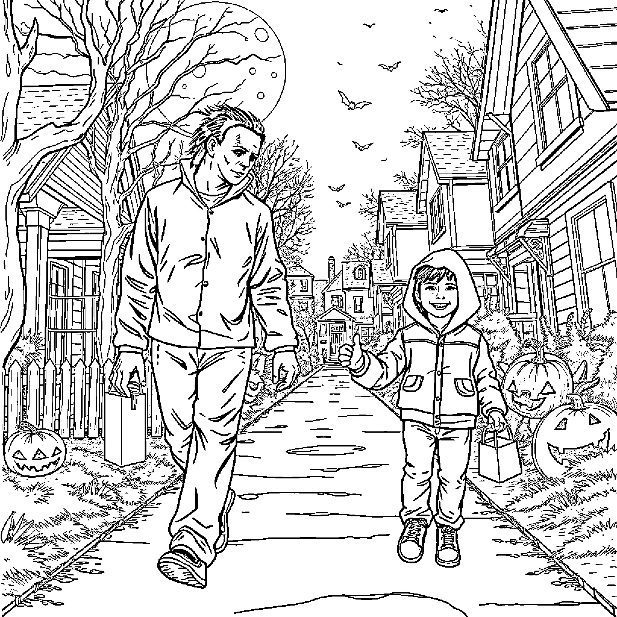 Michael Myers on a Halloween night with children Coloring Page (free black-and-white line drawing printable PDF for all, from beginners to advanced learners, including children, teens, adults, and seniors)