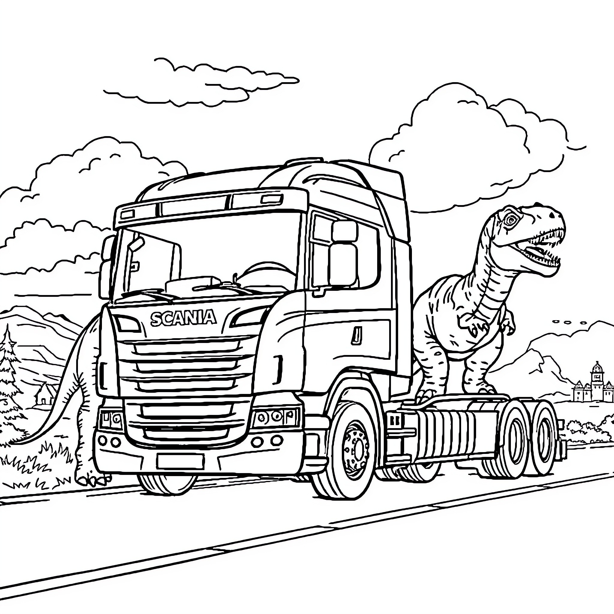 Scania truck hauling dinosaur on the road Coloring Page (free black-and-white line drawing printable PDF for all, from beginners to advanced learners, including children, teens, adults, and seniors)