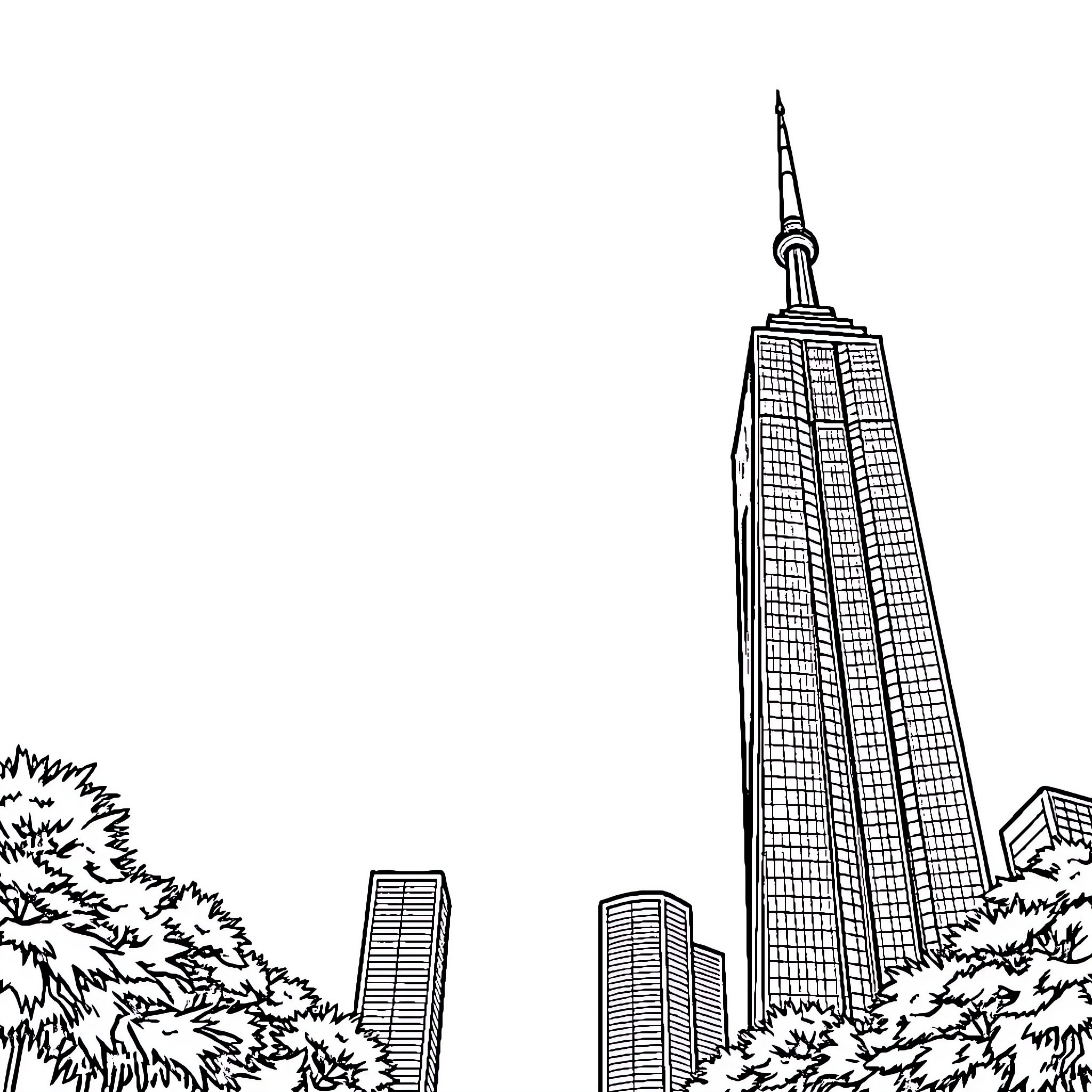 Twin Towers cityscape with skyscrapers Coloring Page (free black-and-white line drawing printable PDF for all, from beginners to advanced learners, including children, teens, adults, and seniors)