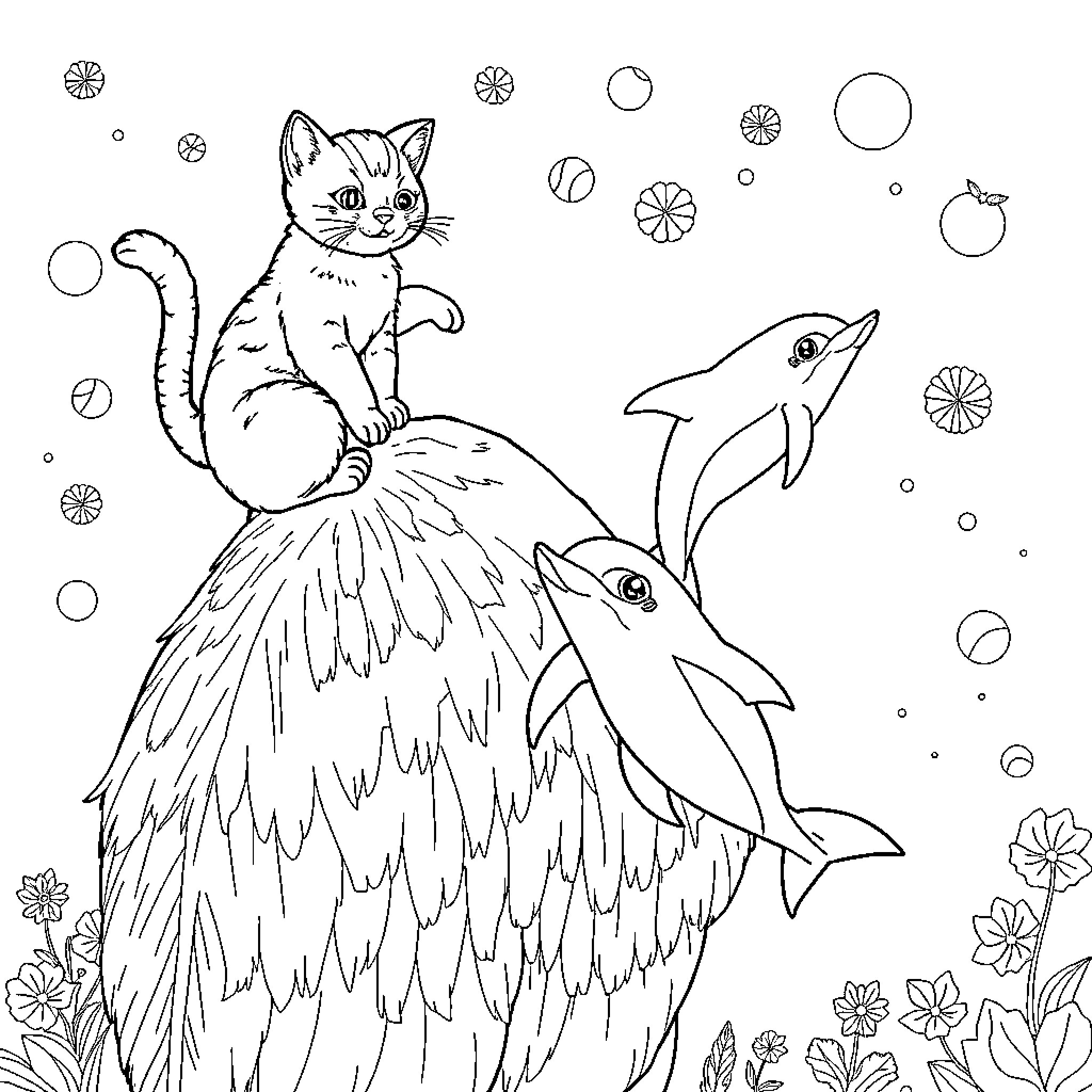 Cat and Dolphin in Nature Coloring Page (free black-and-white line drawing printable PDF for all, from beginners to advanced learners, including children, teens, adults, and seniors)