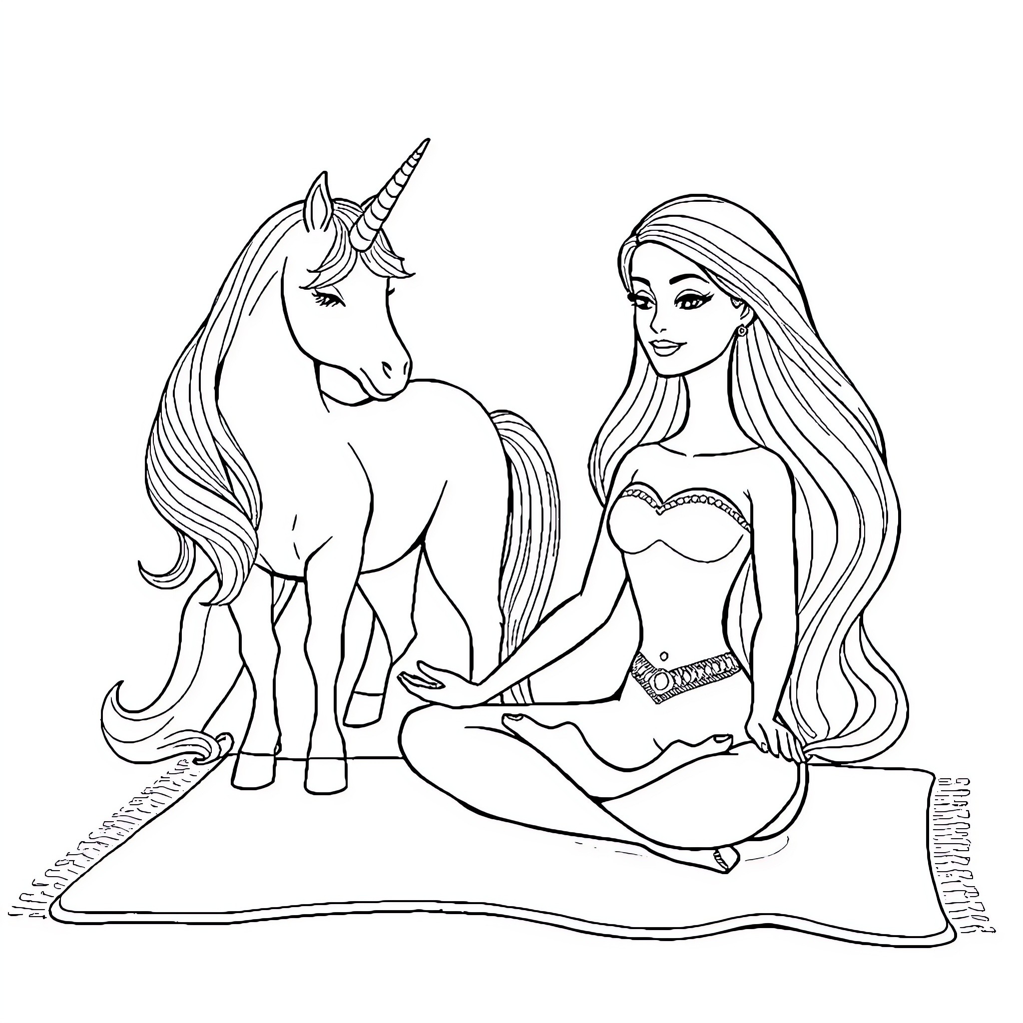 Barbie enjoying a magical moment with her unicorn companion Coloring Page (free black-and-white line drawing printable PDF for all, from beginners to advanced learners, including children, teens, adults, and seniors)