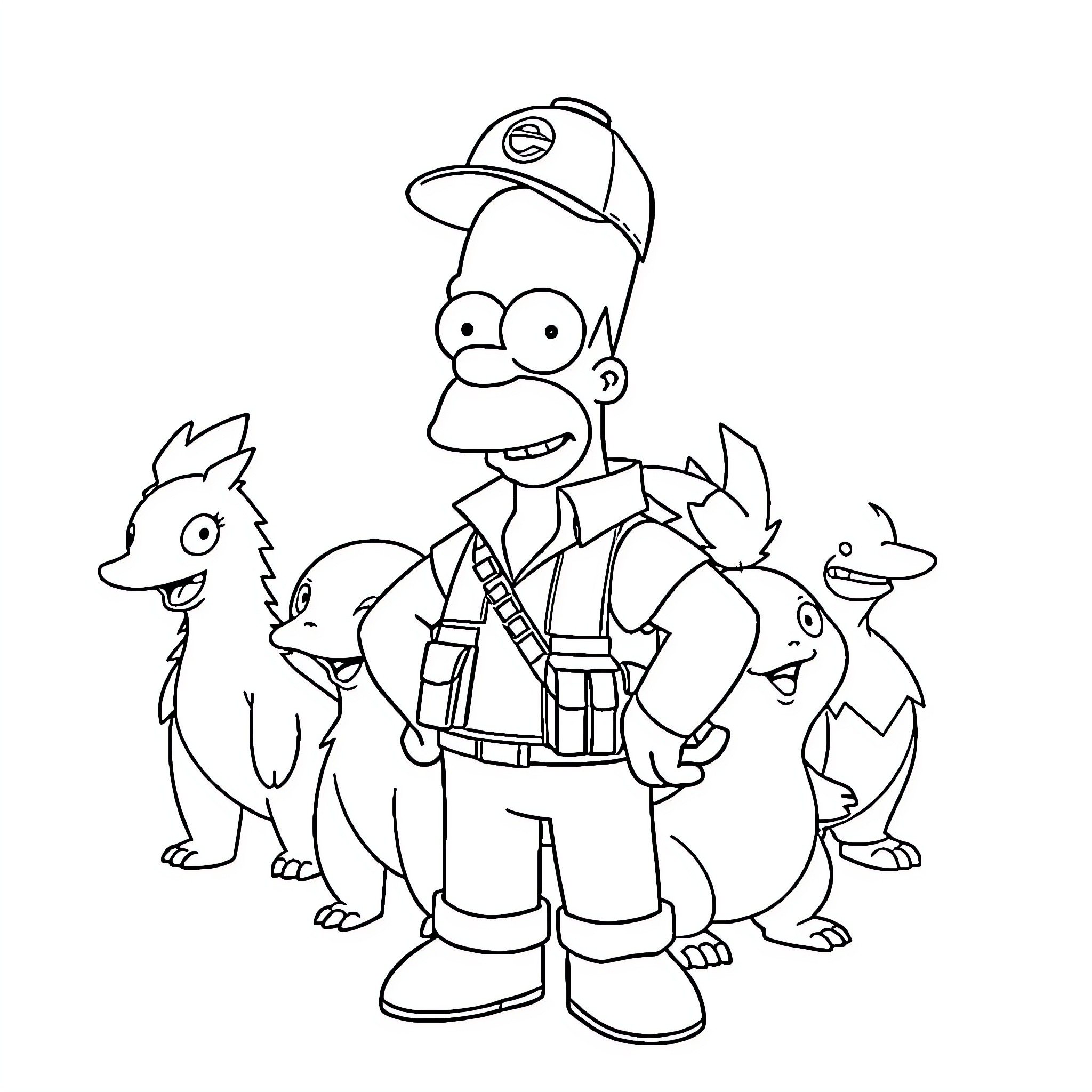 Homer Simpson as a Park Ranger with Animal Friends Coloring Page (free black-and-white line drawing printable PDF for all, from beginners to advanced learners, including children, teens, adults, and seniors)