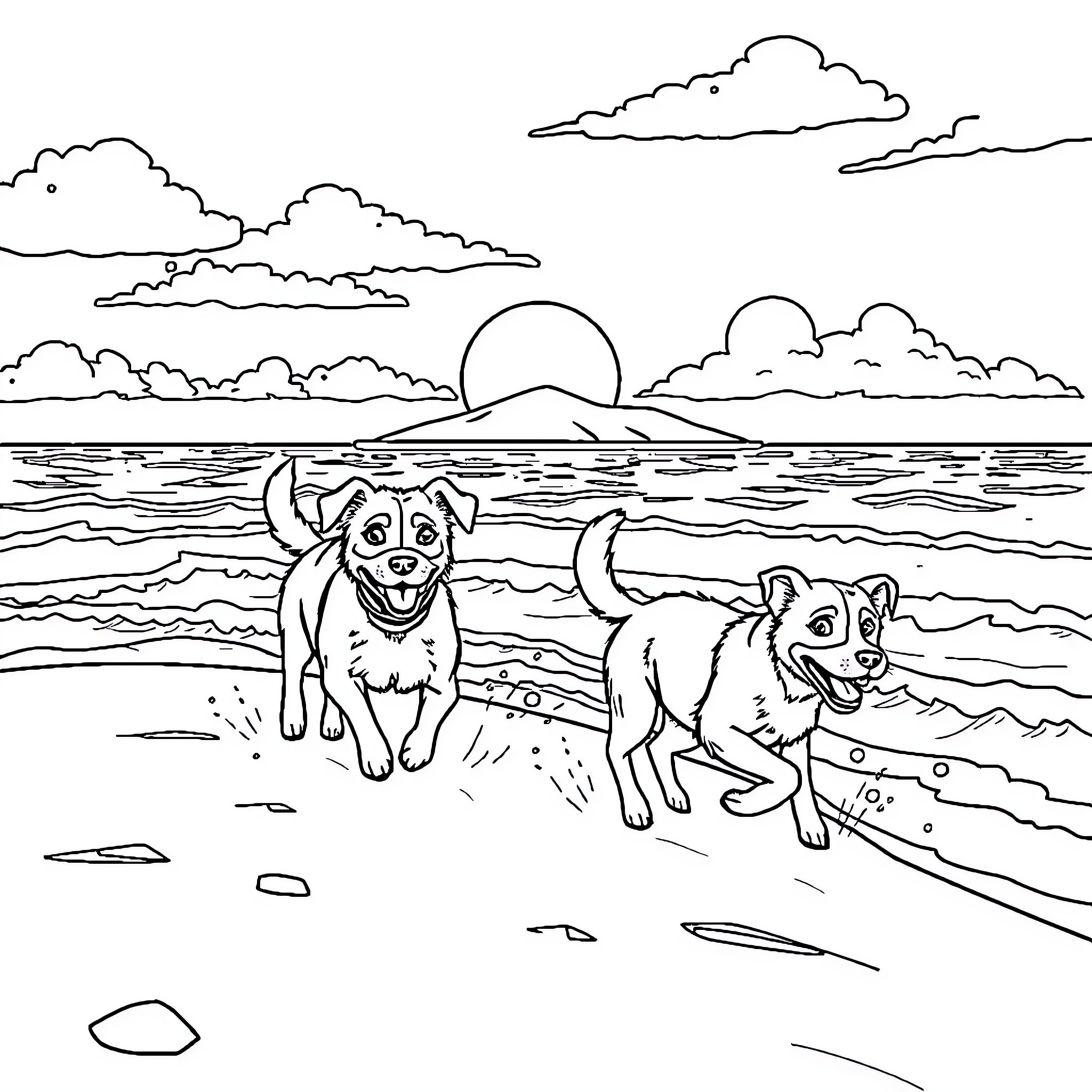 Dogs frolicking happily on the beach at sunset Coloring Page (free black-and-white line drawing printable PDF for all, from beginners to advanced learners, including children, teens, adults, and seniors)