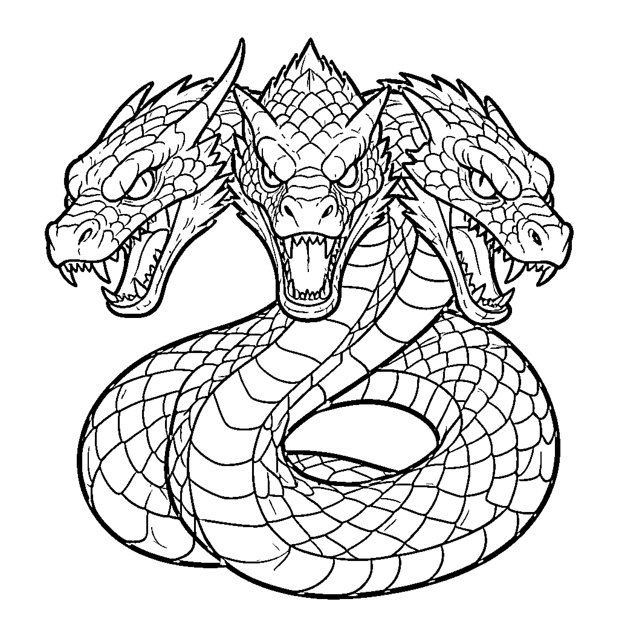 Three-Headed Serpent with fierce and aggressive expressions Coloring Page (free black-and-white line drawing printable PDF for all, from beginners to advanced learners, including children, teens, adults, and seniors)