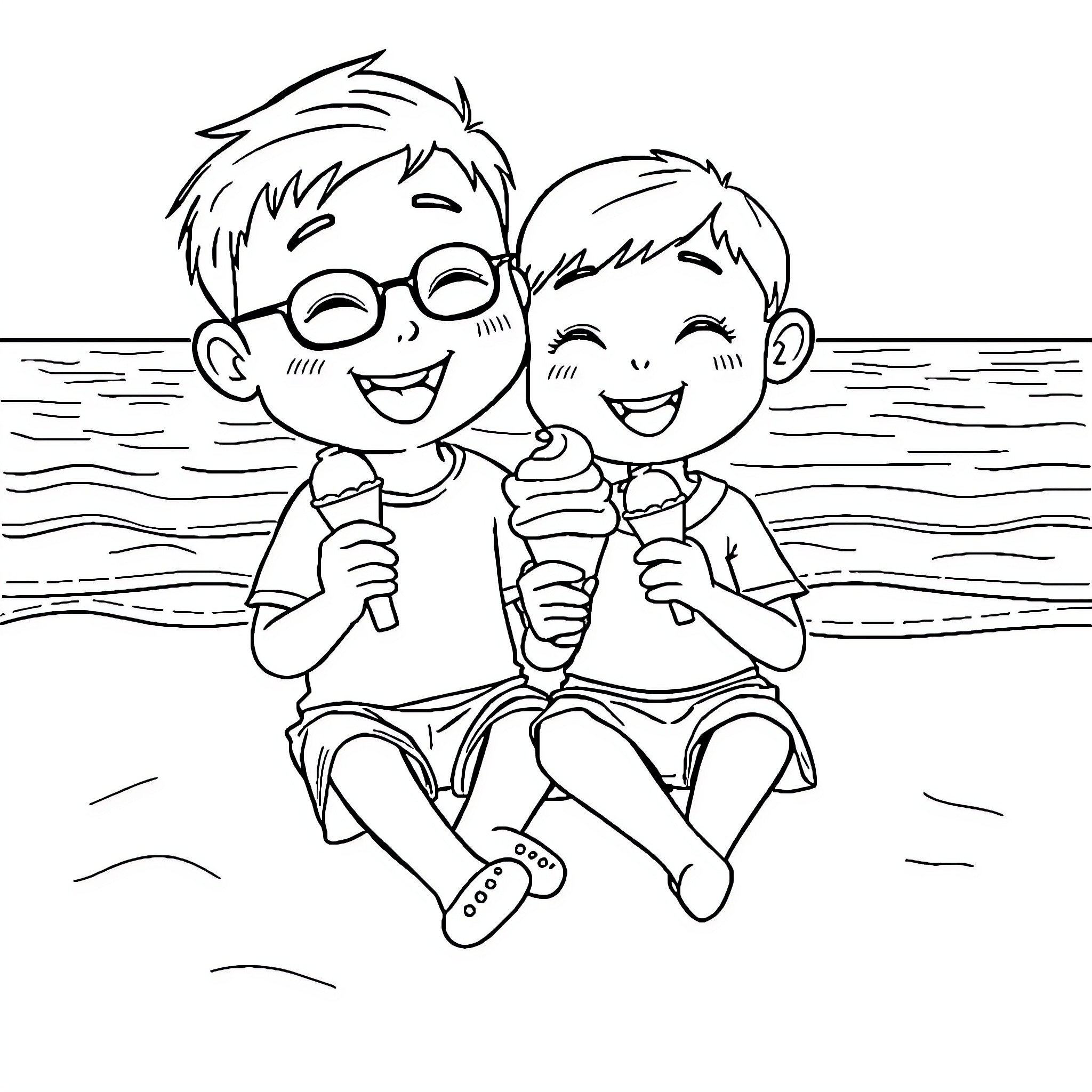 Ice Cream Fun at the Beach Coloring Page (free black-and-white line drawing printable PDF for all, from beginners to advanced learners, including children, teens, adults, and seniors)