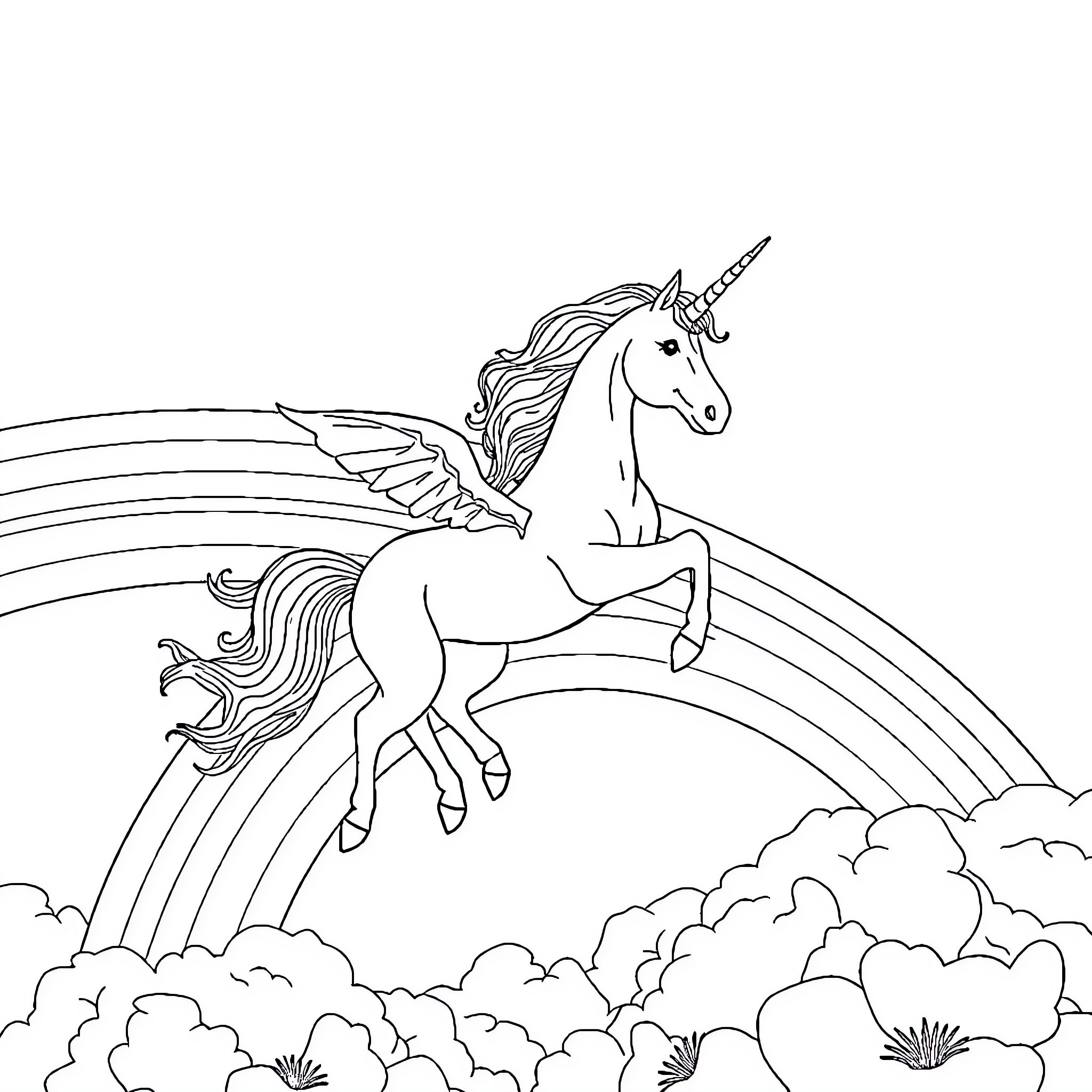 Unicorn soaring through the sky with rainbow Coloring Page (free black-and-white line drawing printable PDF for all, from beginners to advanced learners, including children, teens, adults, and seniors)