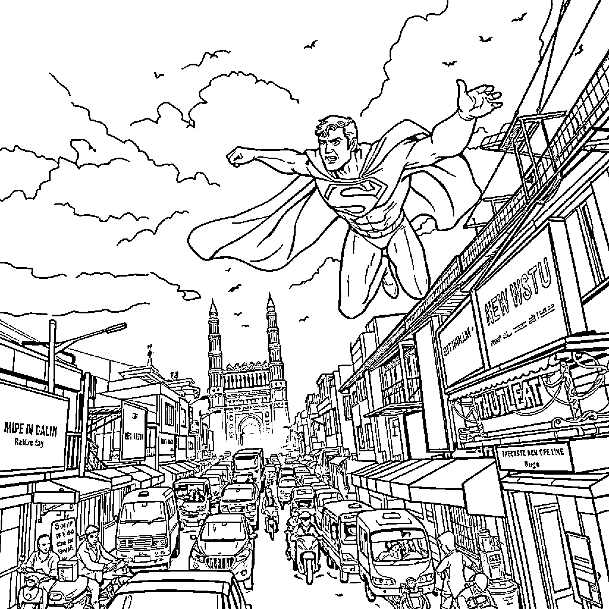 Superman saving the city from above Coloring Page (free black-and-white line drawing printable PDF for all, from beginners to advanced learners, including children, teens, adults, and seniors)