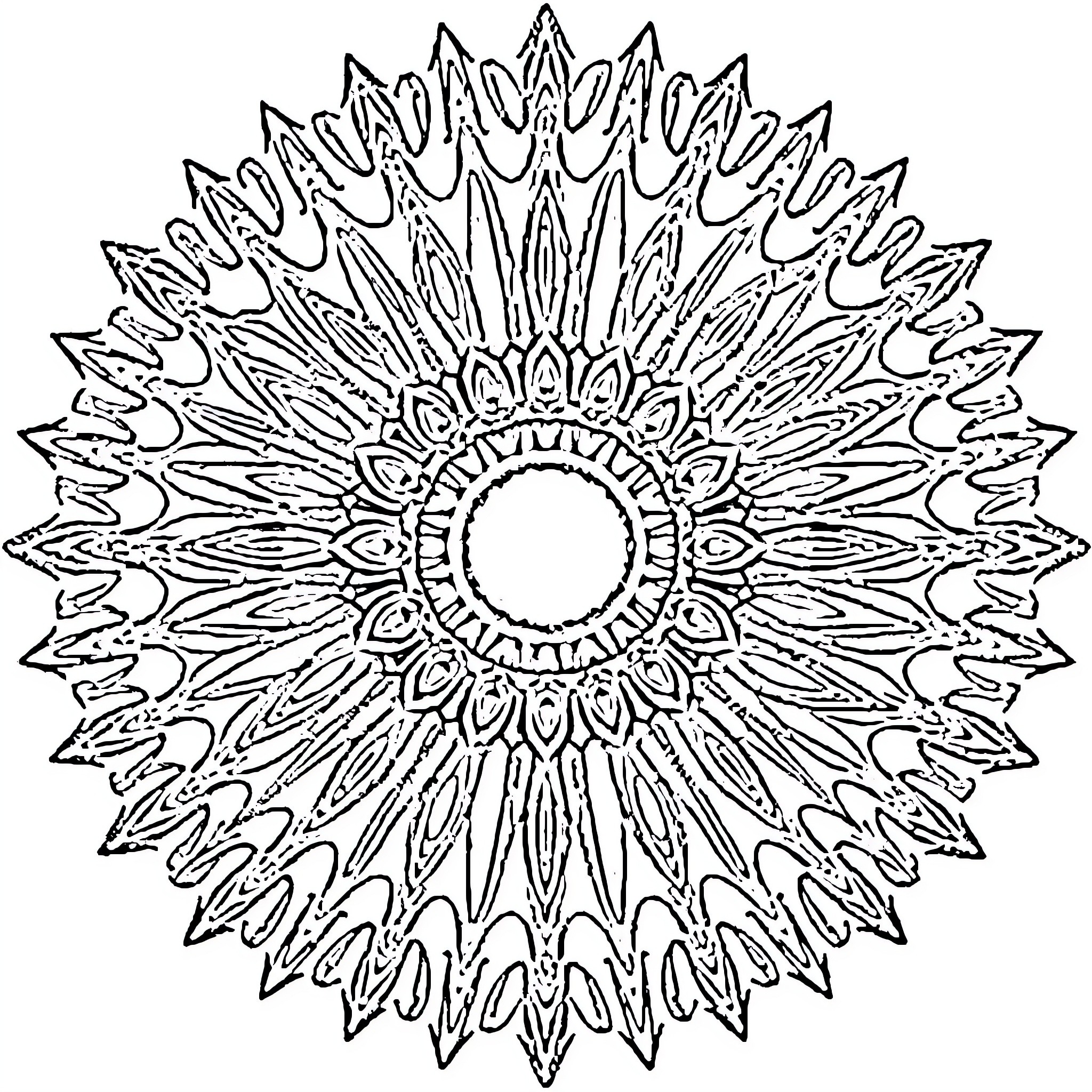 Sunshine mandala art pattern Coloring Page (free black-and-white line drawing printable PDF for all, from beginners to advanced learners, including children, teens, adults, and seniors)