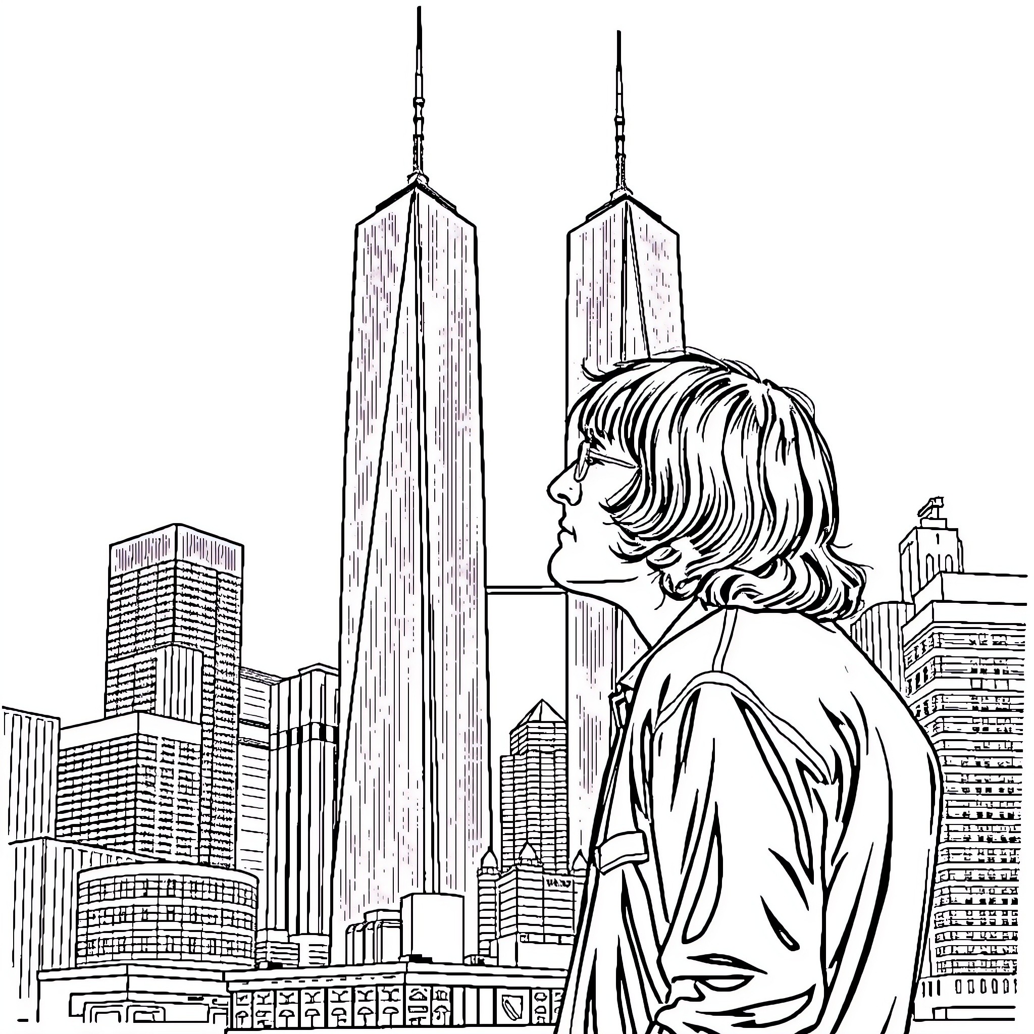 John Lennon overlooking the city skyline Coloring Page (free black-and-white line drawing printable PDF for all, from beginners to advanced learners, including children, teens, adults, and seniors)