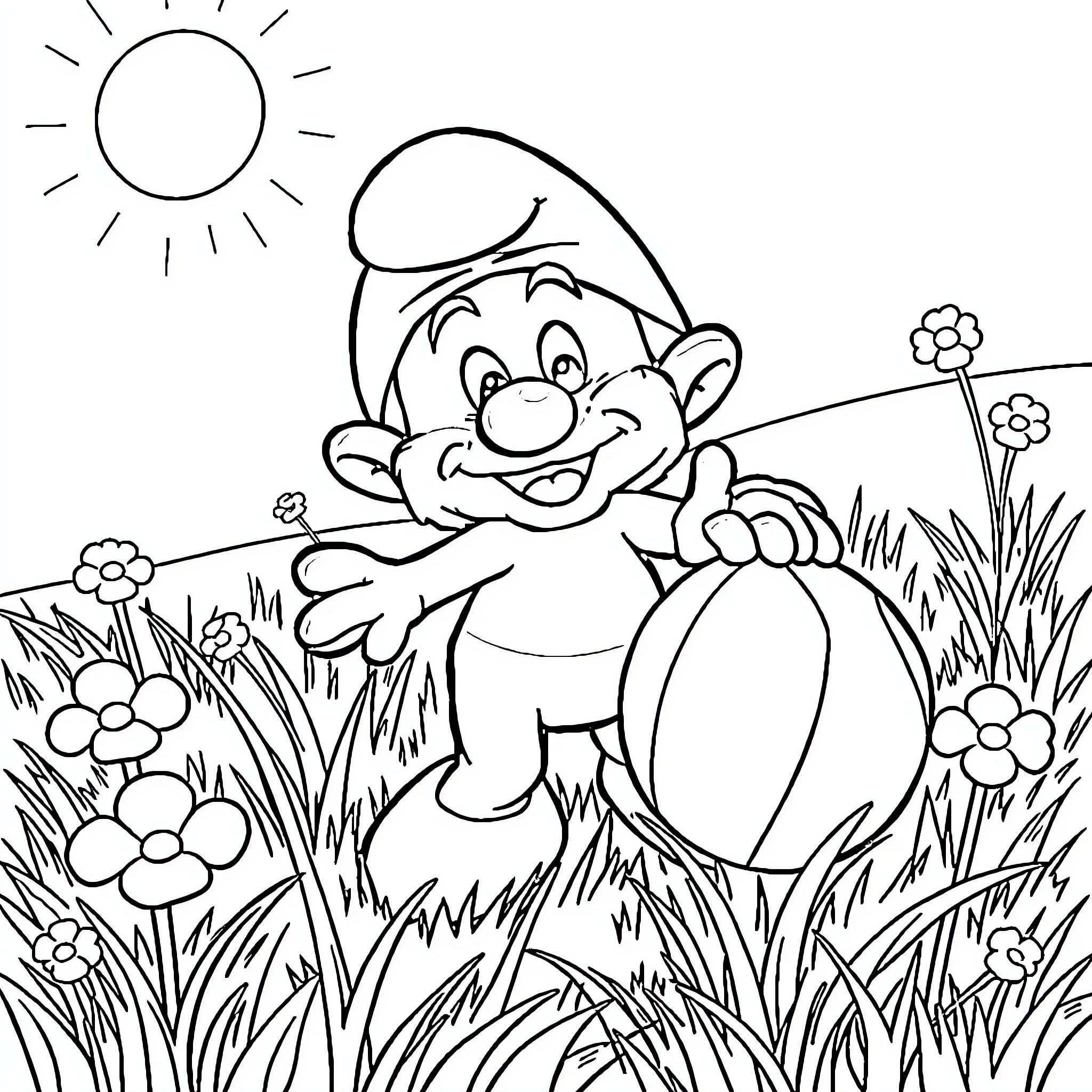 Smurf happily strolling in a flower field Coloring Page (free black-and-white line drawing printable PDF for all, from beginners to advanced learners, including children, teens, adults, and seniors)