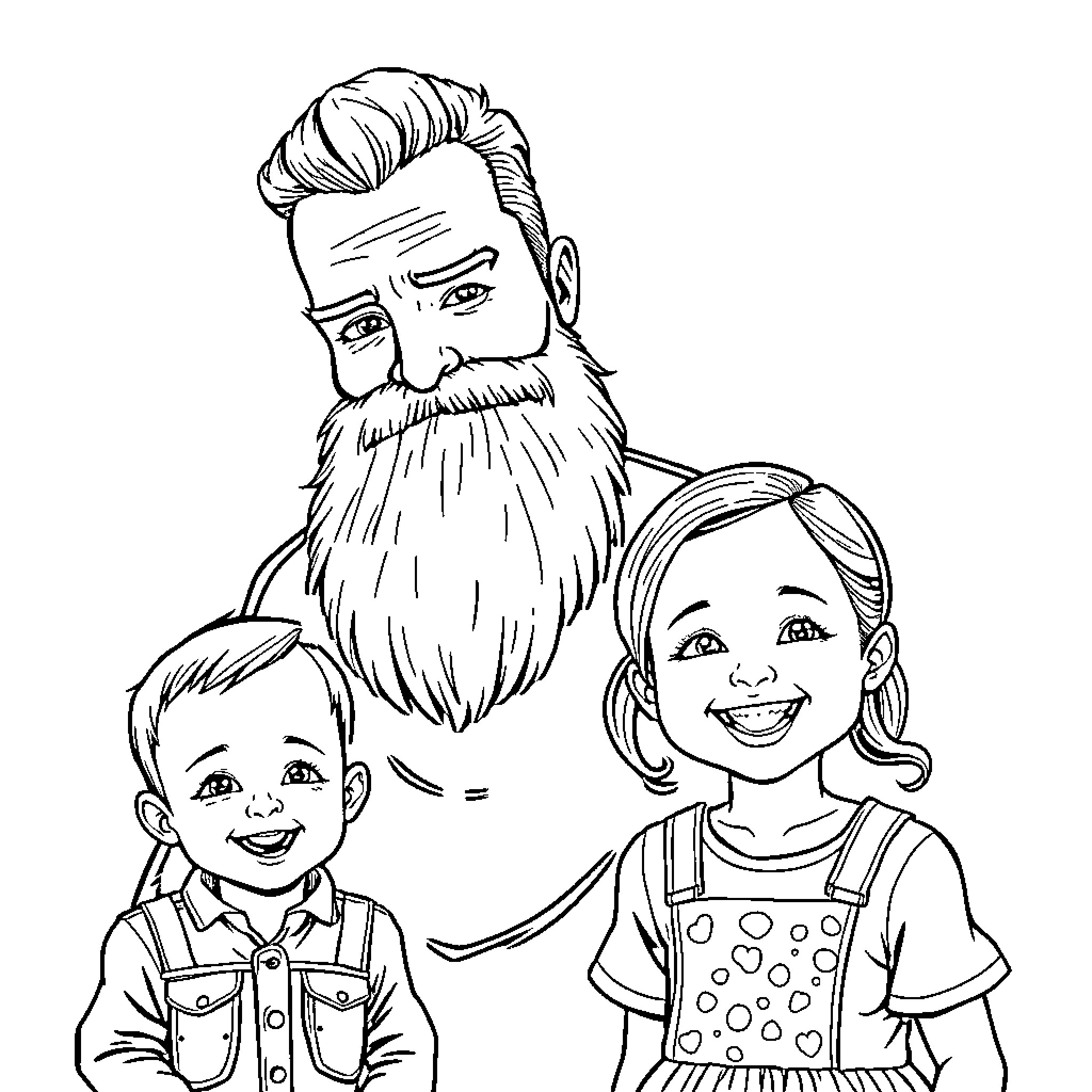 Man with Beard Posing with Young Children Coloring Page (free black-and-white line drawing printable PDF for all, from beginners to advanced learners, including children, teens, adults, and seniors)