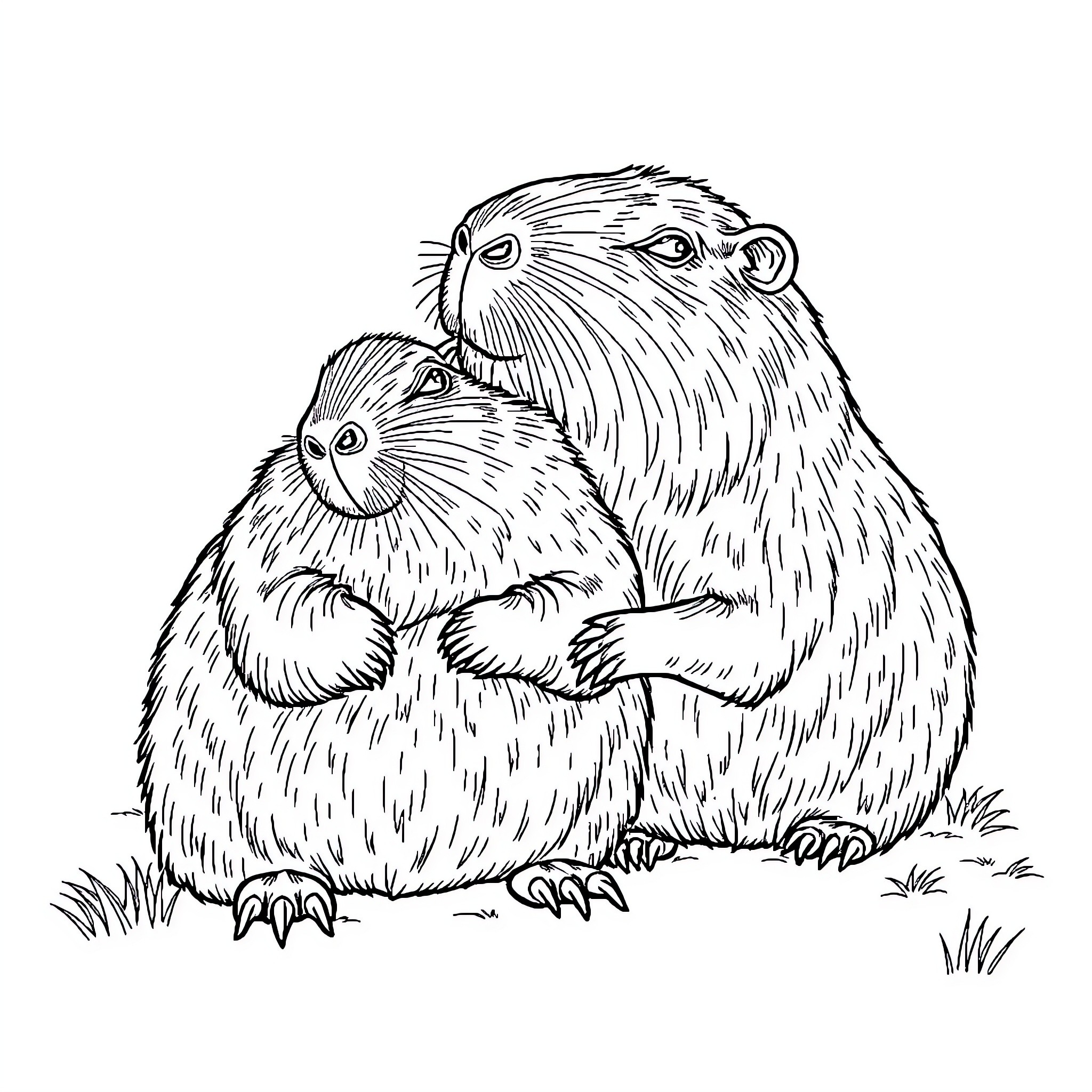 Capybara companions in natural surroundings Coloring Page (free black-and-white line drawing printable PDF for all, from beginners to advanced learners, including children, teens, adults, and seniors)