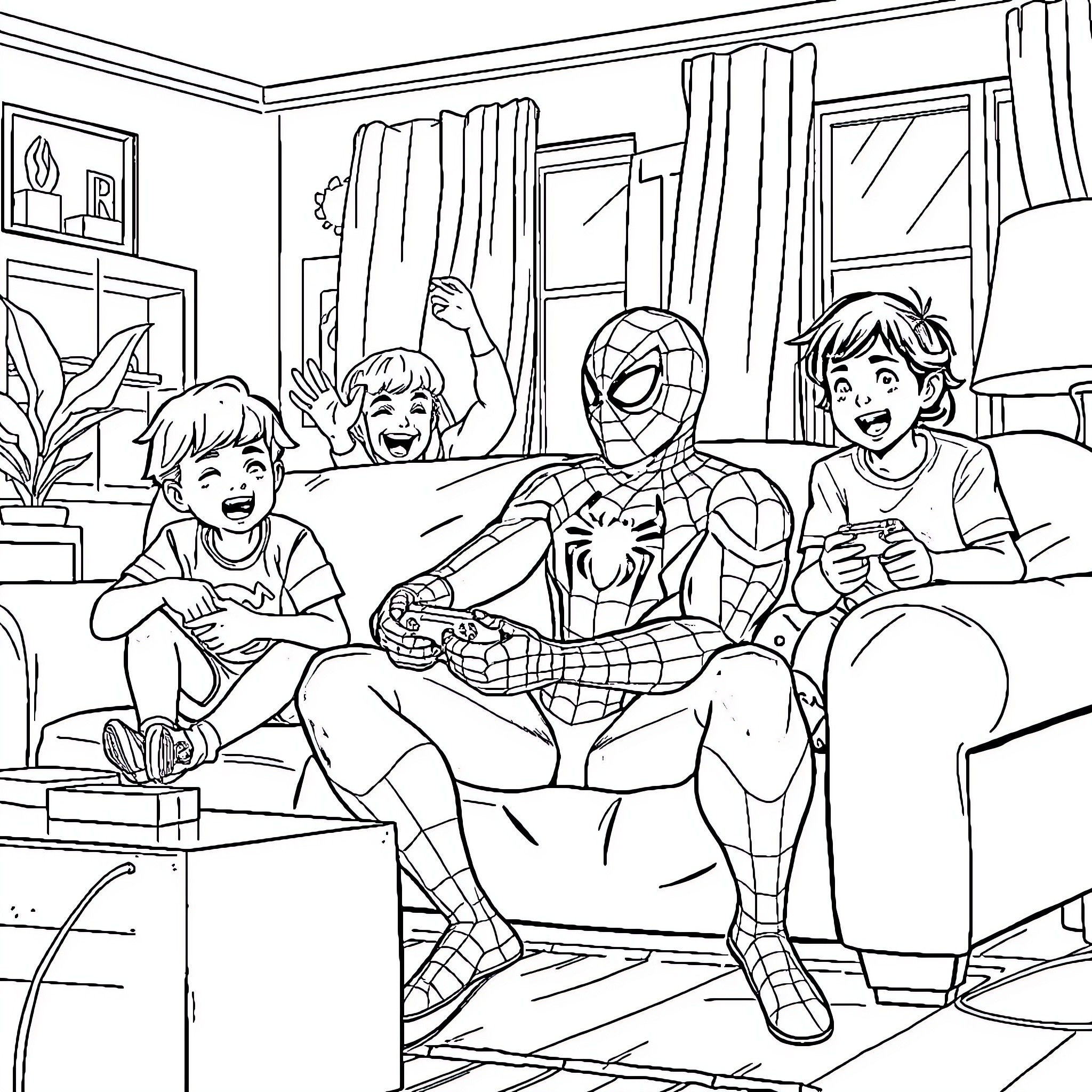 Spider-Man playing video games with children Coloring Page (free black-and-white line drawing printable PDF for all, from beginners to advanced learners, including children, teens, adults, and seniors)