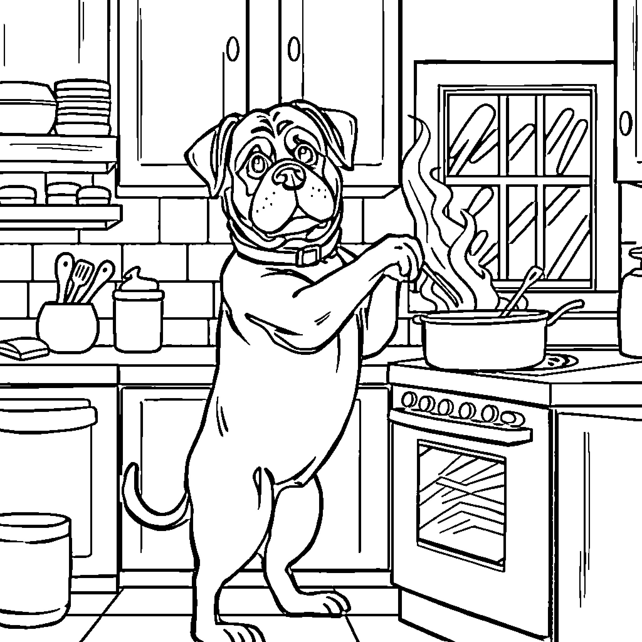 Rottweiler helping in the kitchen Coloring Page (free black-and-white line drawing printable PDF for all, from beginners to advanced learners, including children, teens, adults, and seniors)
