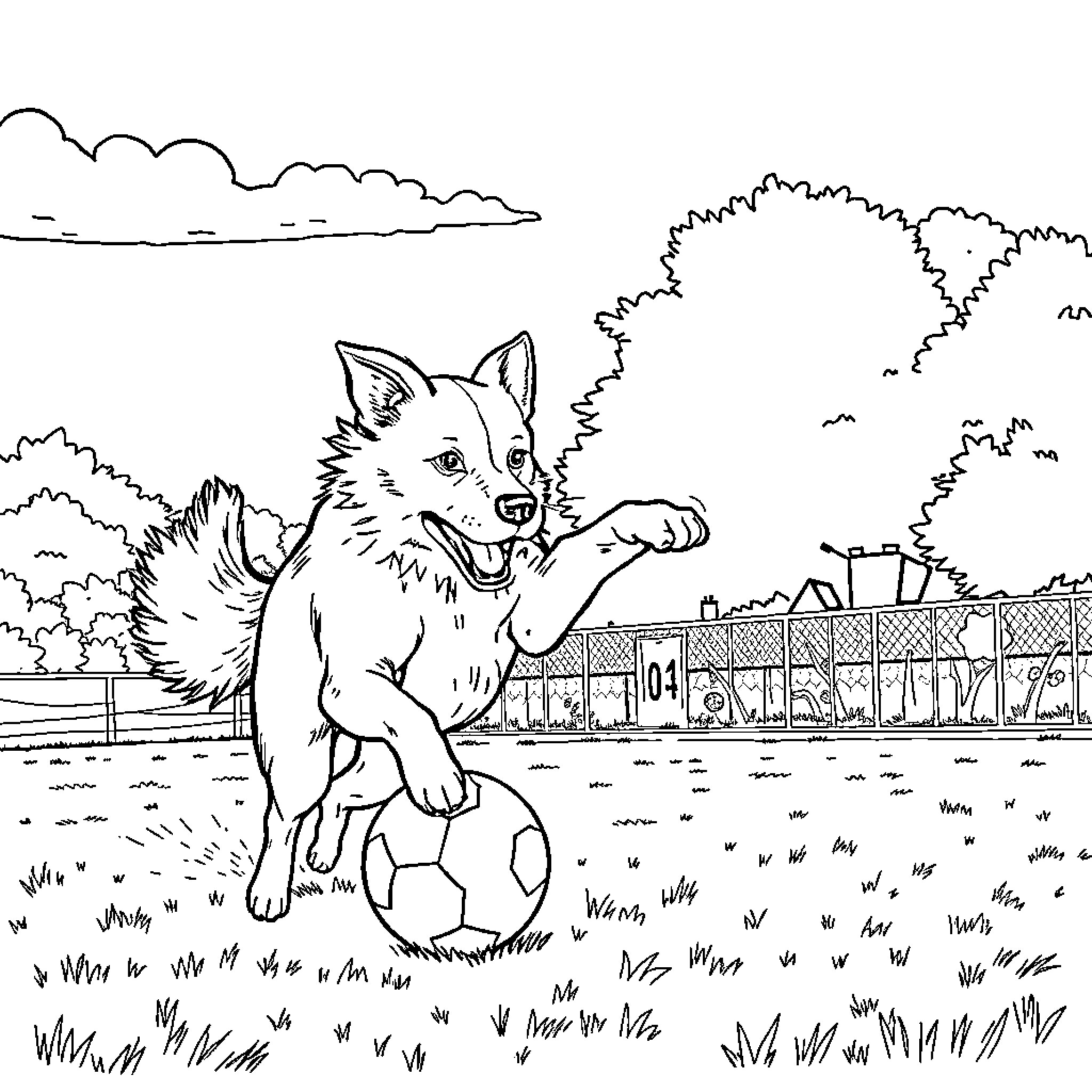 Dog playfully chasing a soccer ball on the field Coloring Page (free black-and-white line drawing printable PDF for all, from beginners to advanced learners, including children, teens, adults, and seniors)