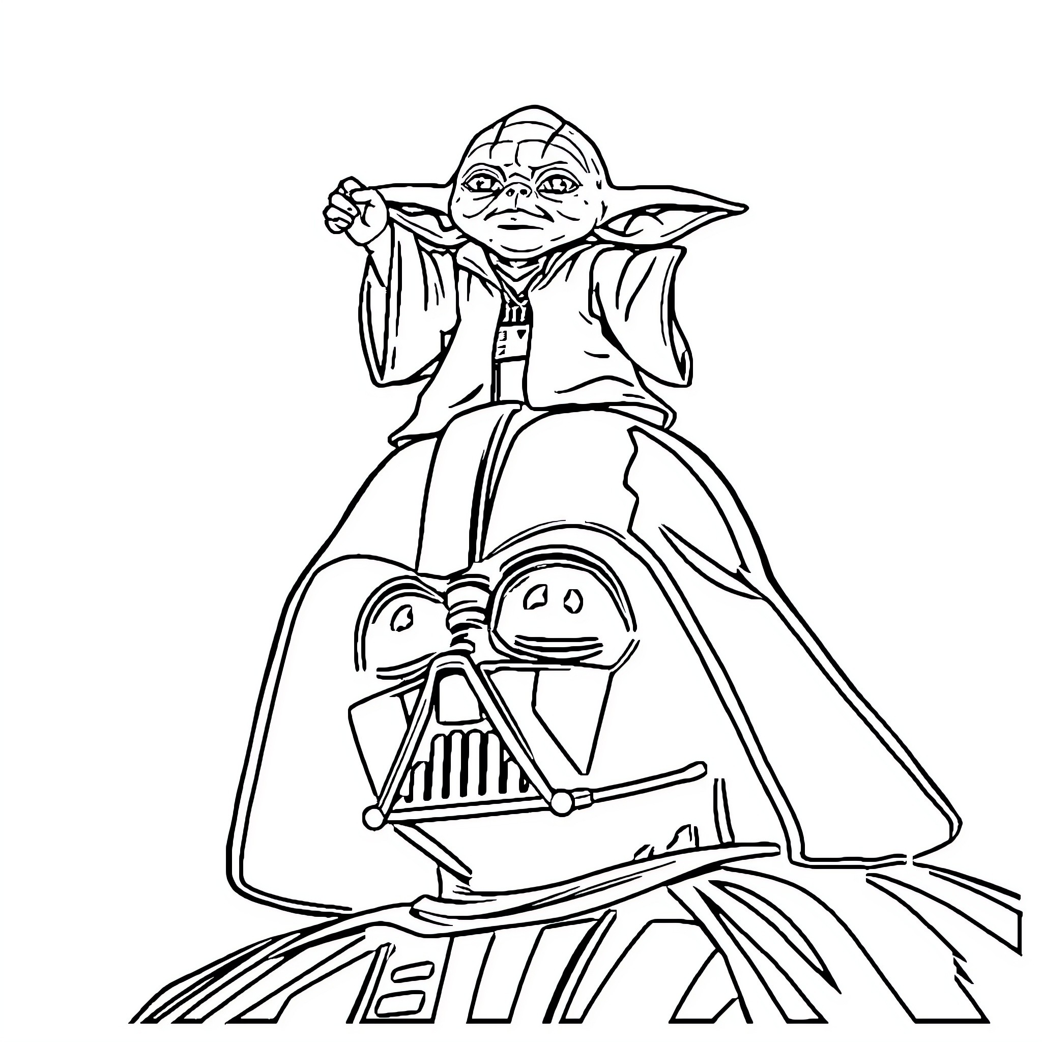 Yoda giving wisdom to Darth Vader Coloring Page (free black-and-white line drawing printable PDF for all, from beginners to advanced learners, including children, teens, adults, and seniors)