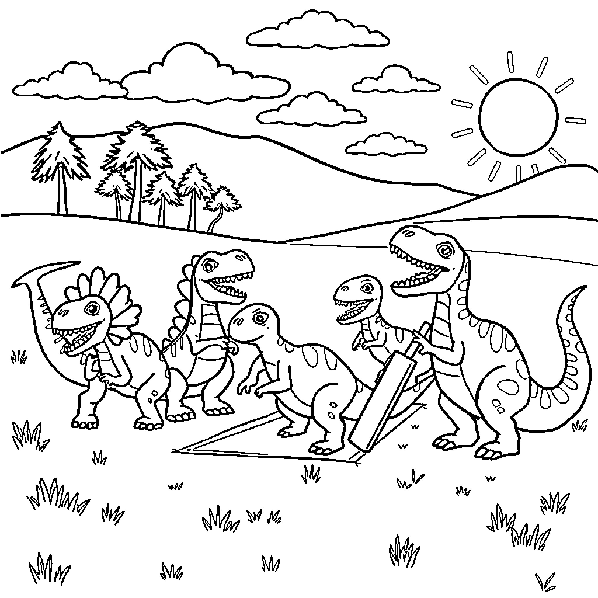 Dinosaur friends exploring the outdoors Coloring Page (free black-and-white line drawing printable PDF for all, from beginners to advanced learners, including children, teens, adults, and seniors)