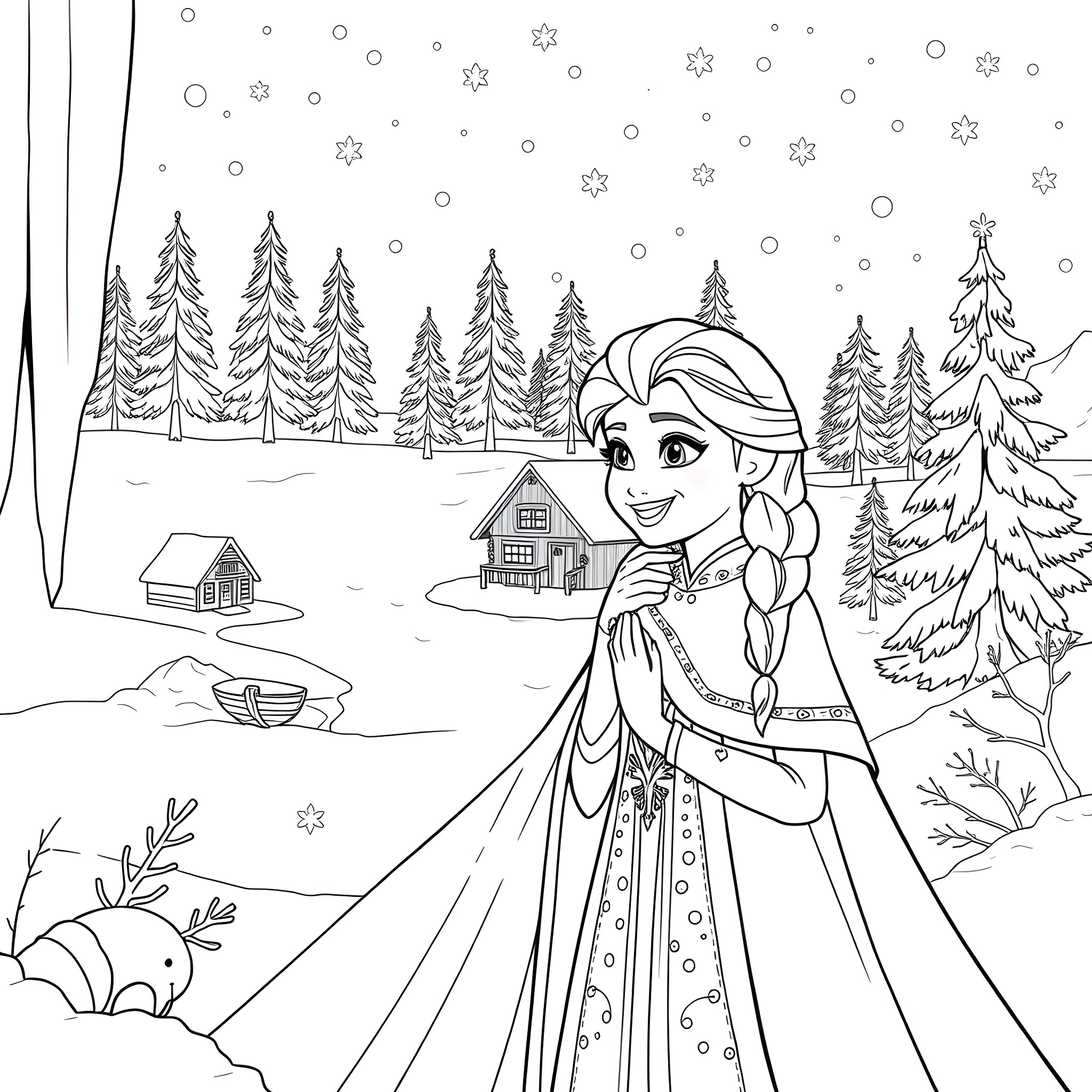 Elsa and Ana in a Snowy Winter Wonderland Coloring Page (free black-and-white line drawing printable PDF for all, from beginners to advanced learners, including children, teens, adults, and seniors)