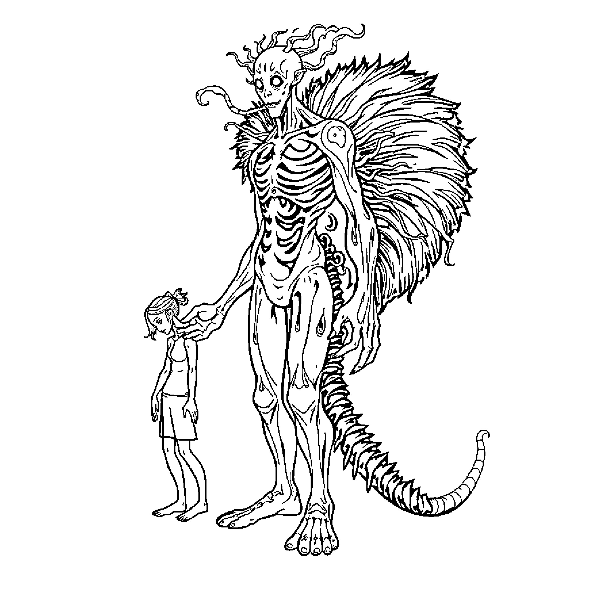 Seven Peculiar Creature Encounters a Human Coloring Page (free black-and-white line drawing printable PDF for all, from beginners to advanced learners, including children, teens, adults, and seniors)