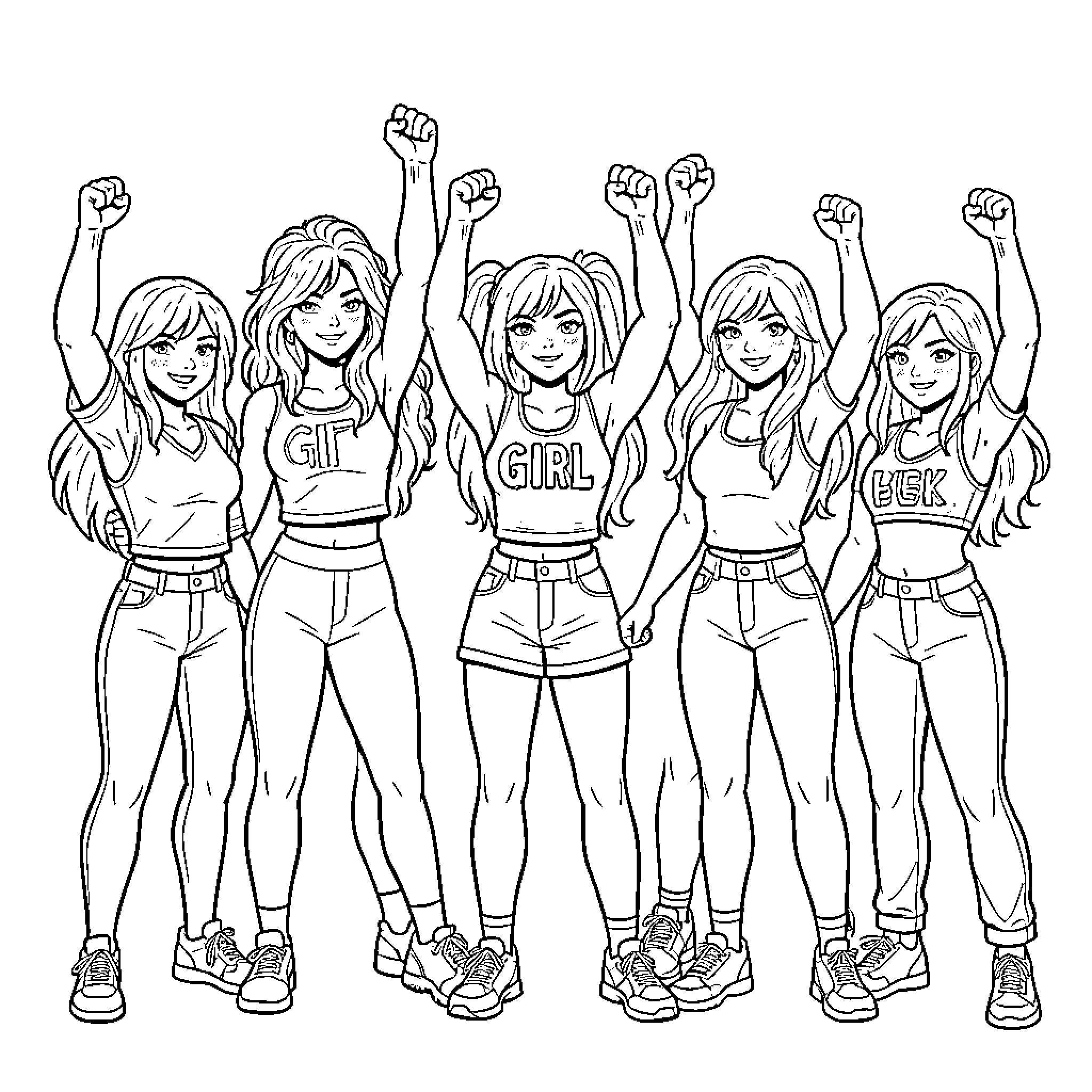 Girl Power - Confident Females Celebrating Coloring Page (free black-and-white line drawing printable PDF for all, from beginners to advanced learners, including children, teens, adults, and seniors)