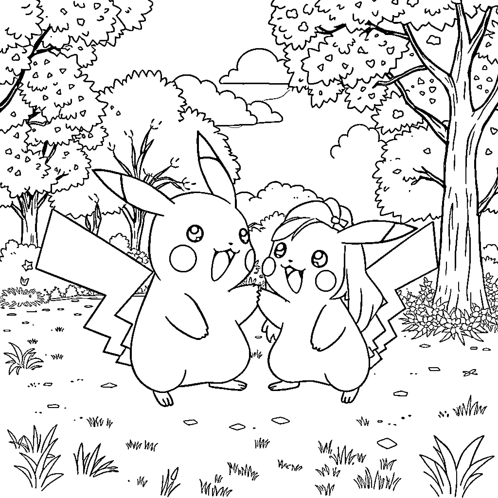 Pikachu playing happily in the forest Coloring Page (free black-and-white line drawing printable PDF for all, from beginners to advanced learners, including children, teens, adults, and seniors)