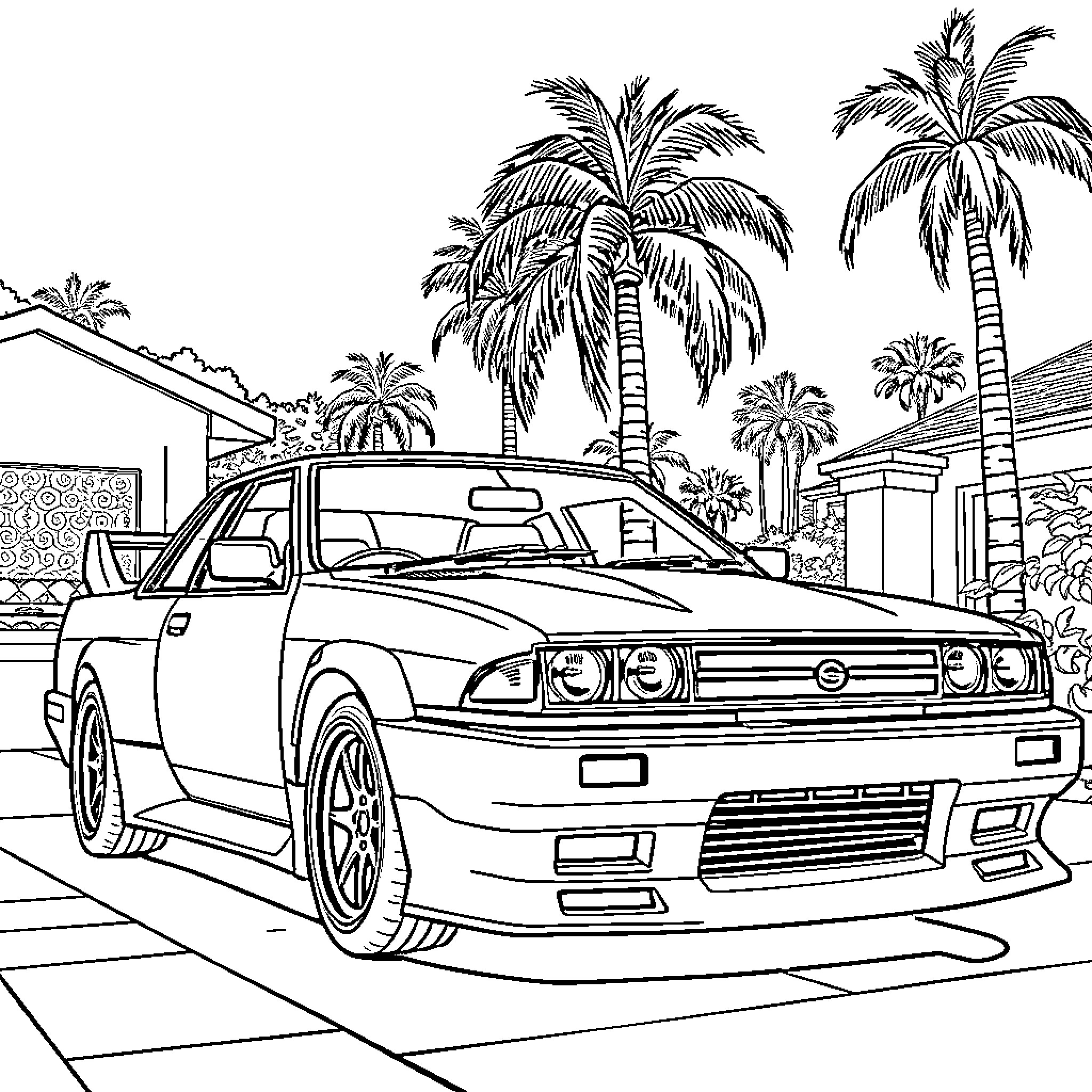 Nissan sports car on palm-lined street Coloring Page (free black-and-white line drawing printable PDF for all, from beginners to advanced learners, including children, teens, adults, and seniors)