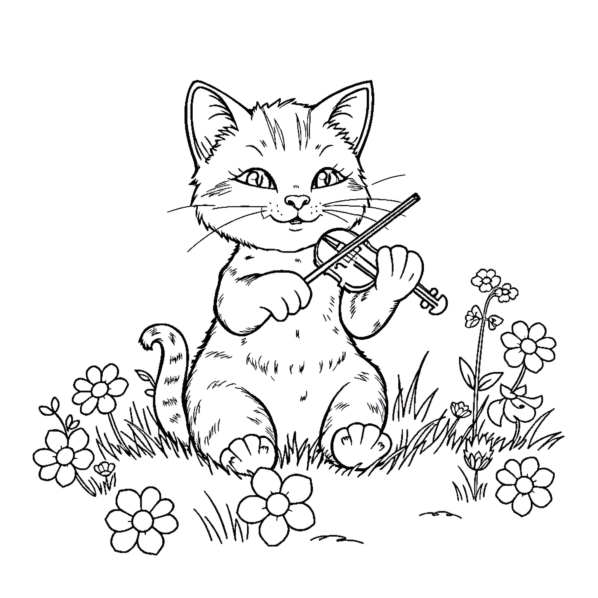 Cat playing with violin in flower garden Coloring Page (free black-and-white line drawing printable PDF for all, from beginners to advanced learners, including children, teens, adults, and seniors)